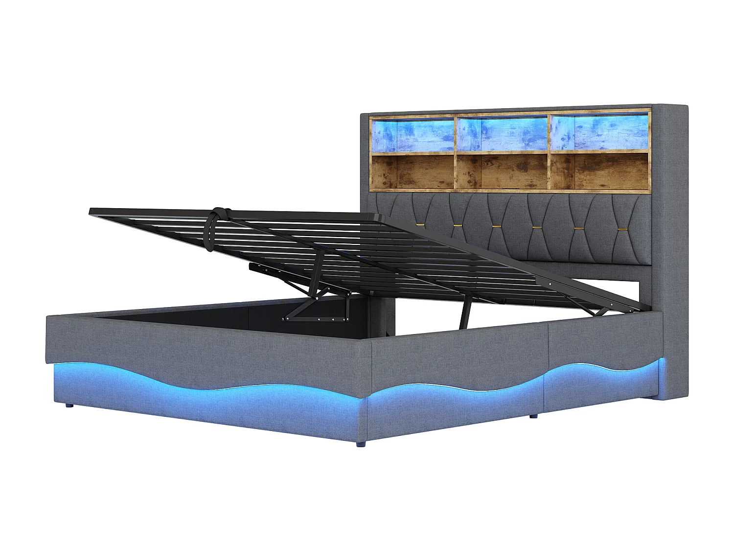 Lit 180x200 cm gris avec rangement hydraulique, LED contrôlées par APP, port USB, sommier métal, rembourrage en lin