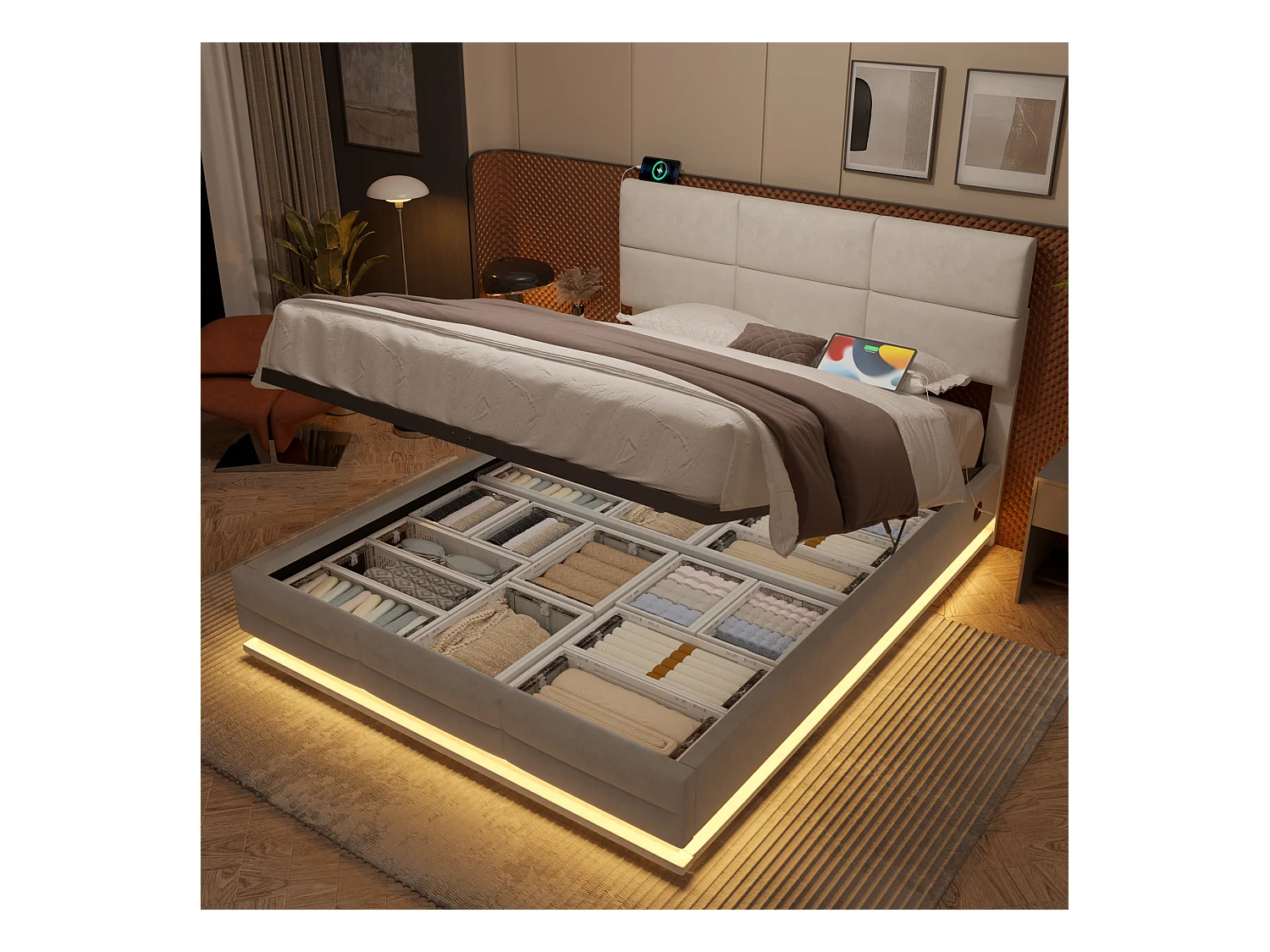 Lit capitonné en velours 140x200 cm, tête de lit réglable, ports USB/Type-C, LED d’ambiance, rangement hydraulique XXL, beige, sans matelas.