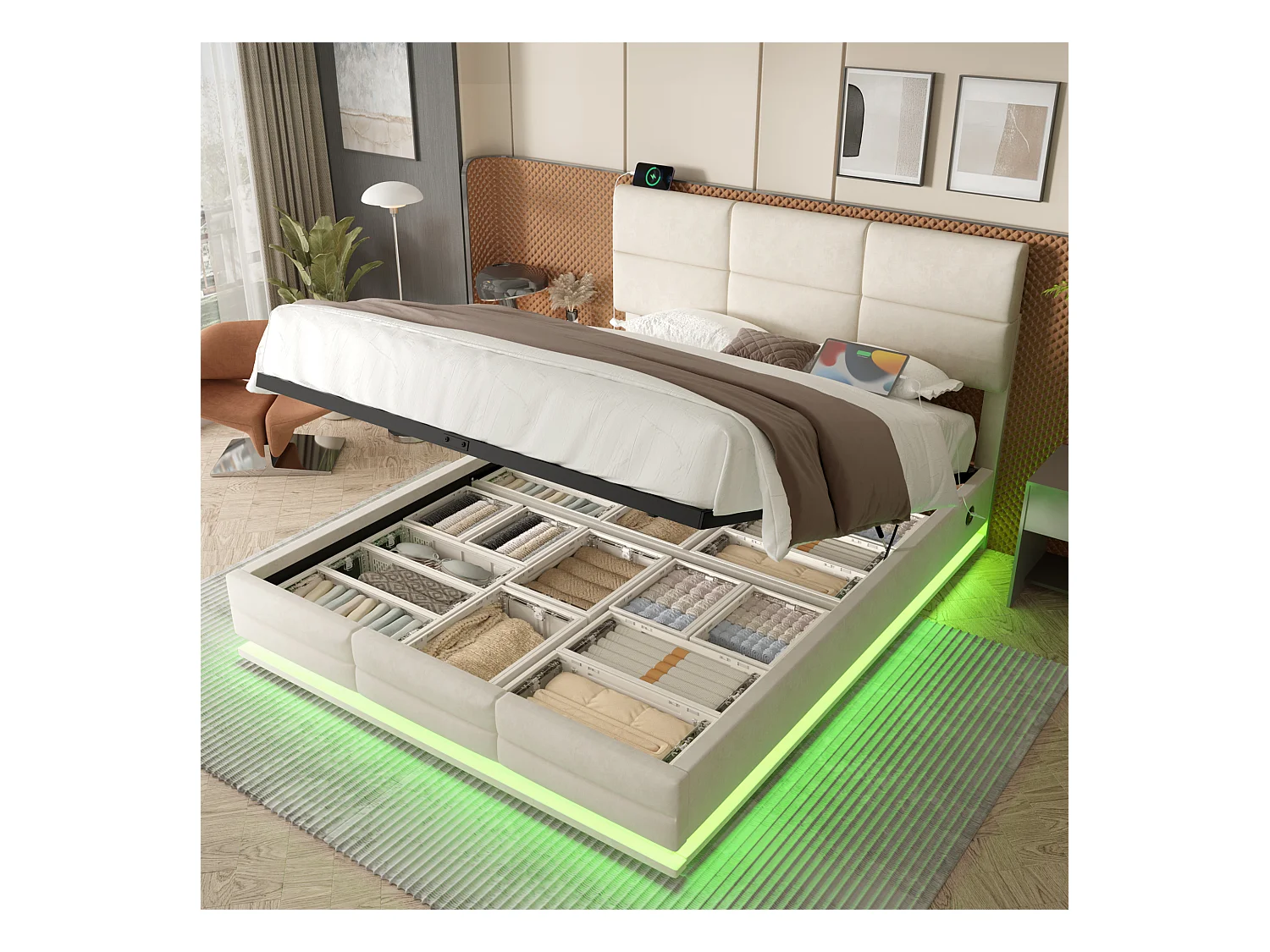 Lit capitonné en velours 140x200 cm, tête de lit réglable, ports USB/Type-C, LED d’ambiance, rangement hydraulique XXL, beige, sans matelas.