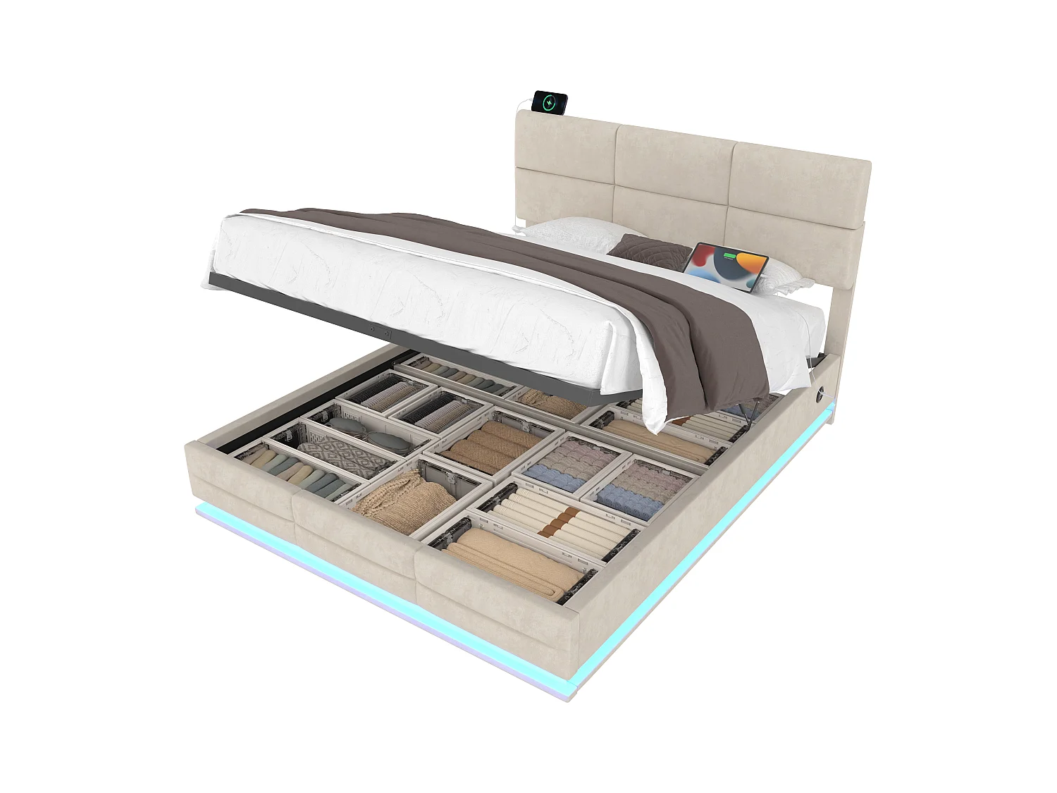 Lit capitonné en velours 140x200 cm, tête de lit réglable, ports USB/Type-C, LED d’ambiance, rangement hydraulique XXL, beige, sans matelas.