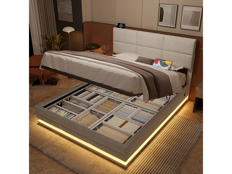 Lit capitonné en velours 140x200 cm, tête de lit réglable, ports USB/Type-C, LED d’ambiance, rangement hydraulique XXL, beige, sans matelas.