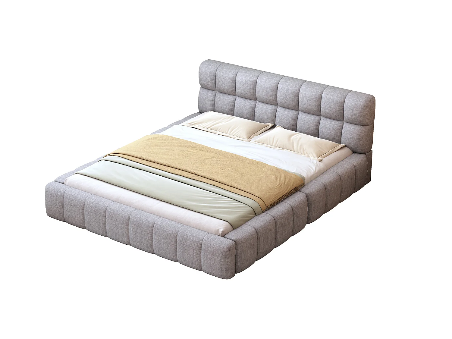 Lit capitonné 140 x 200 cm, Lit pour adolescent, Lit double avec dossier moelleux, Sommier en lin gris (Matelas non inclus)