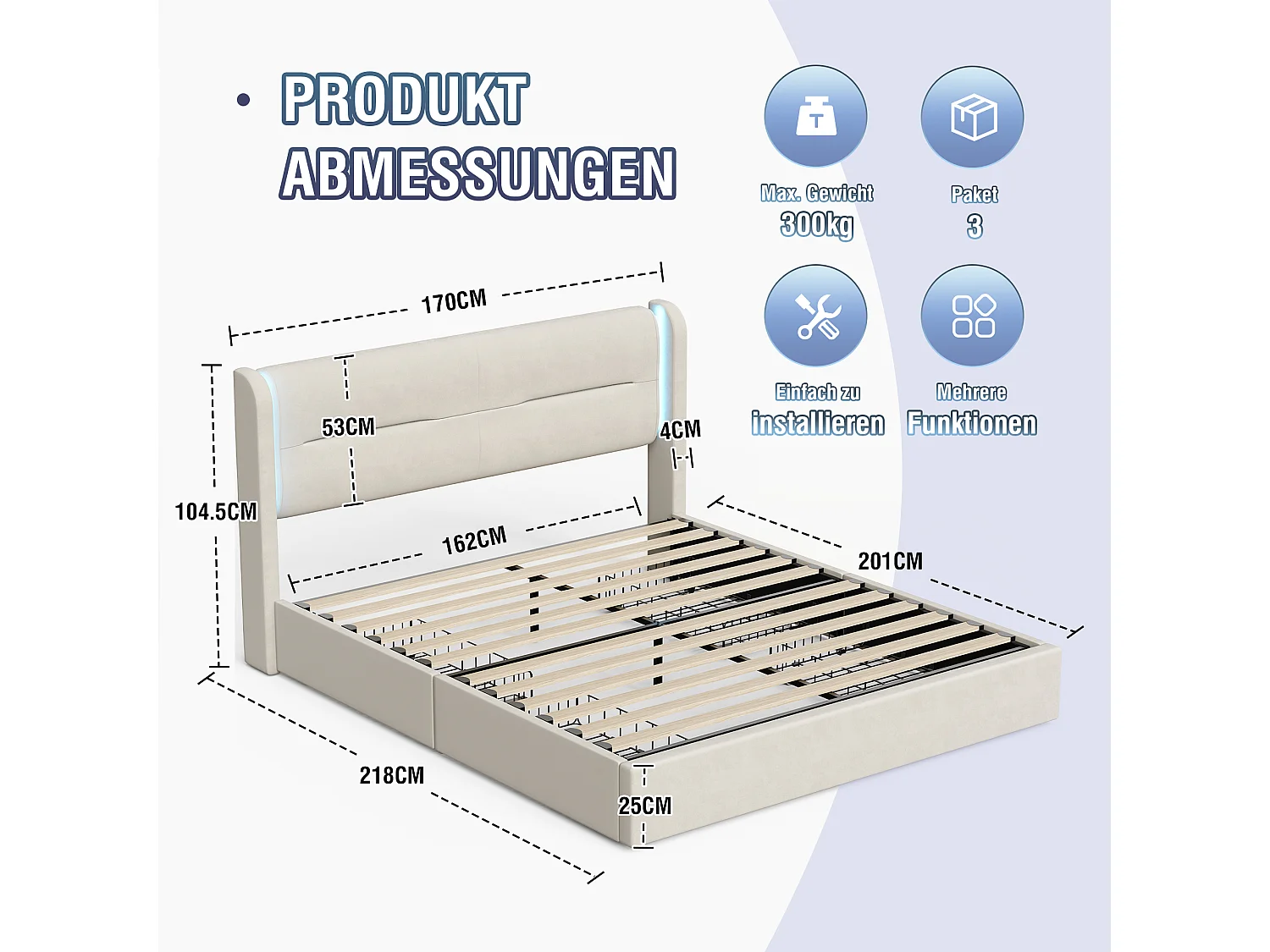 Cadre de lit moderne 160x200 cm avec tête de lit LED, 4 tiroirs pratiques, rembourrage épais, doubles ports USB et ailes latérales confortables, beige.