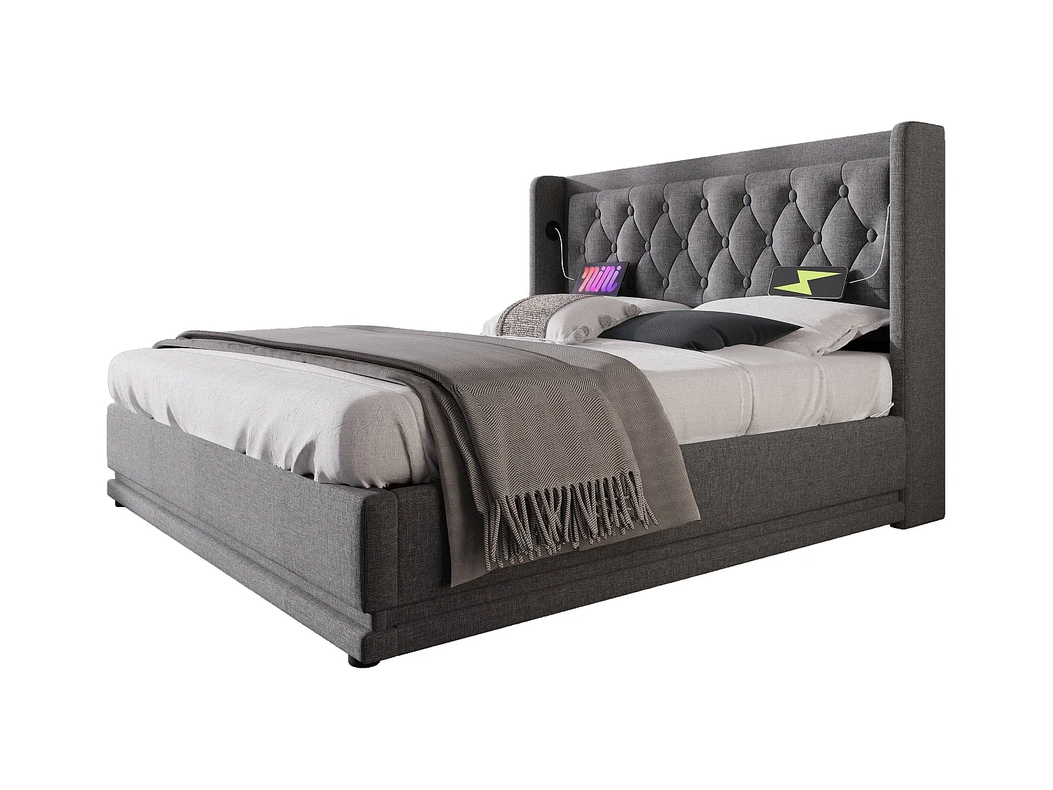 Lit double 160x200 cm gris en coton avec fonction LED 3 côtés, tête de lit rembourrée, USB Type-C, lit de rangement hydraulique (sans matelas)