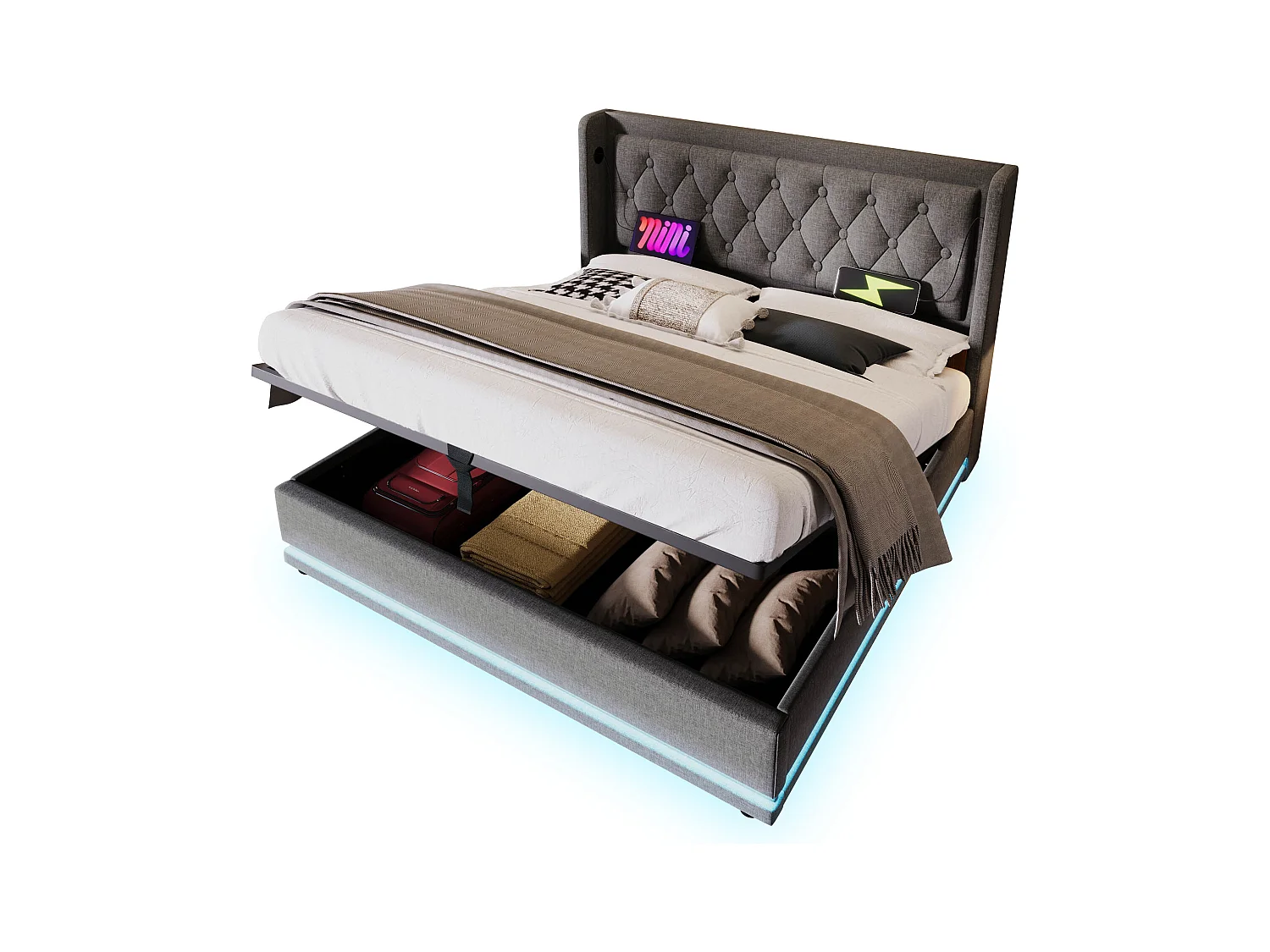 Lit double 160x200 cm gris en coton avec fonction LED 3 côtés, tête de lit rembourrée, USB Type-C, lit de rangement hydraulique (sans matelas)