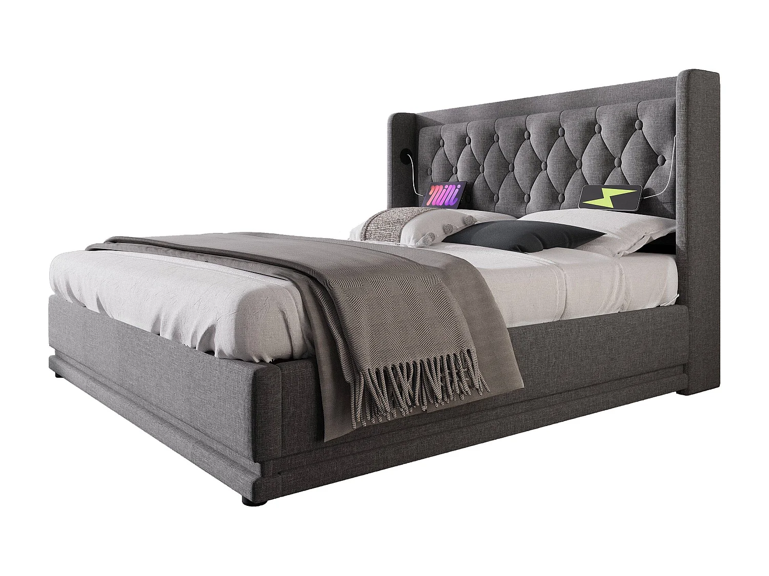 Lit double 160x200 cm gris en coton avec fonction LED 3 côtés, tête de lit rembourrée, USB Type-C, lit de rangement hydraulique (sans matelas)