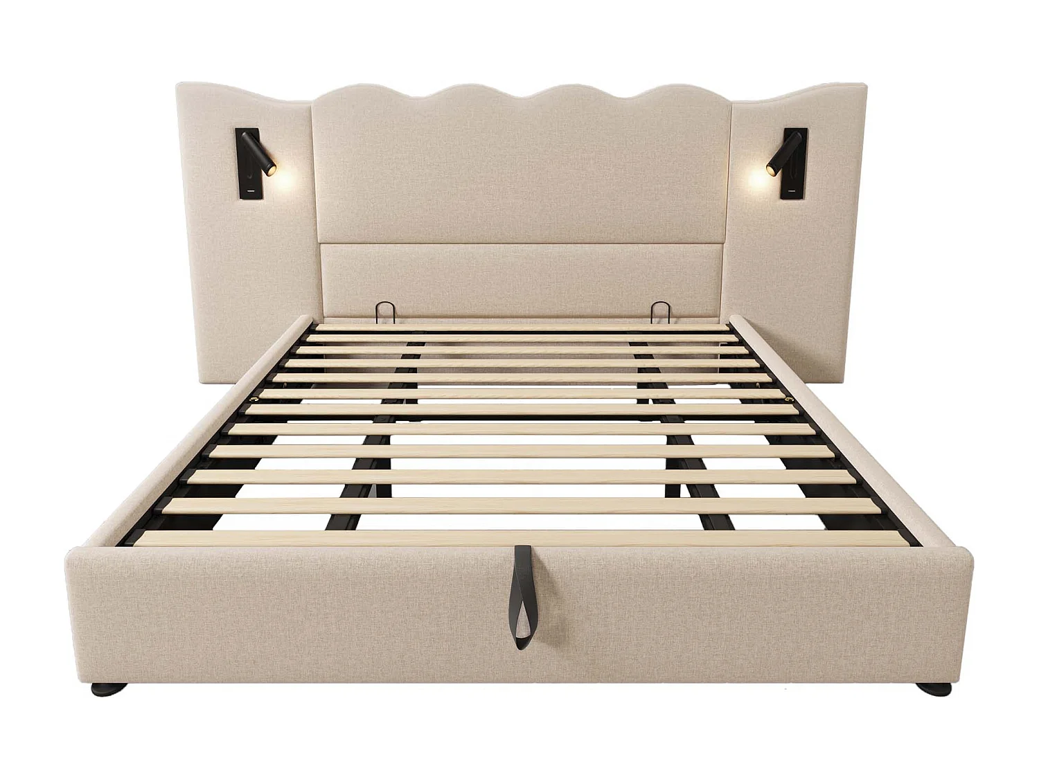 Lit double 180×200 avec lampe de lecture et port USB Type-C, structure en bois massif et métal, beige, lin (sans matelas)