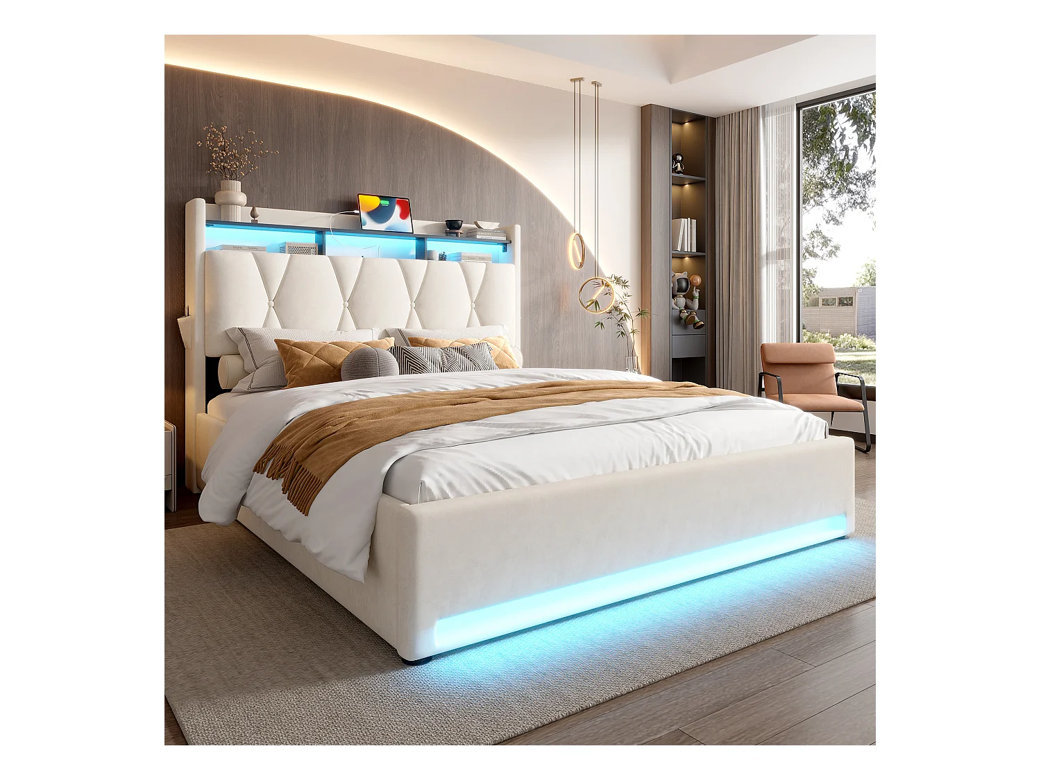 Cadre de lit rembourré 160x200cm (Beige) – Éclairage LED, chargeur USB Type-C, rangement sous-lit, tête de lit avec stockage, cadre hydraulique, sans matelas