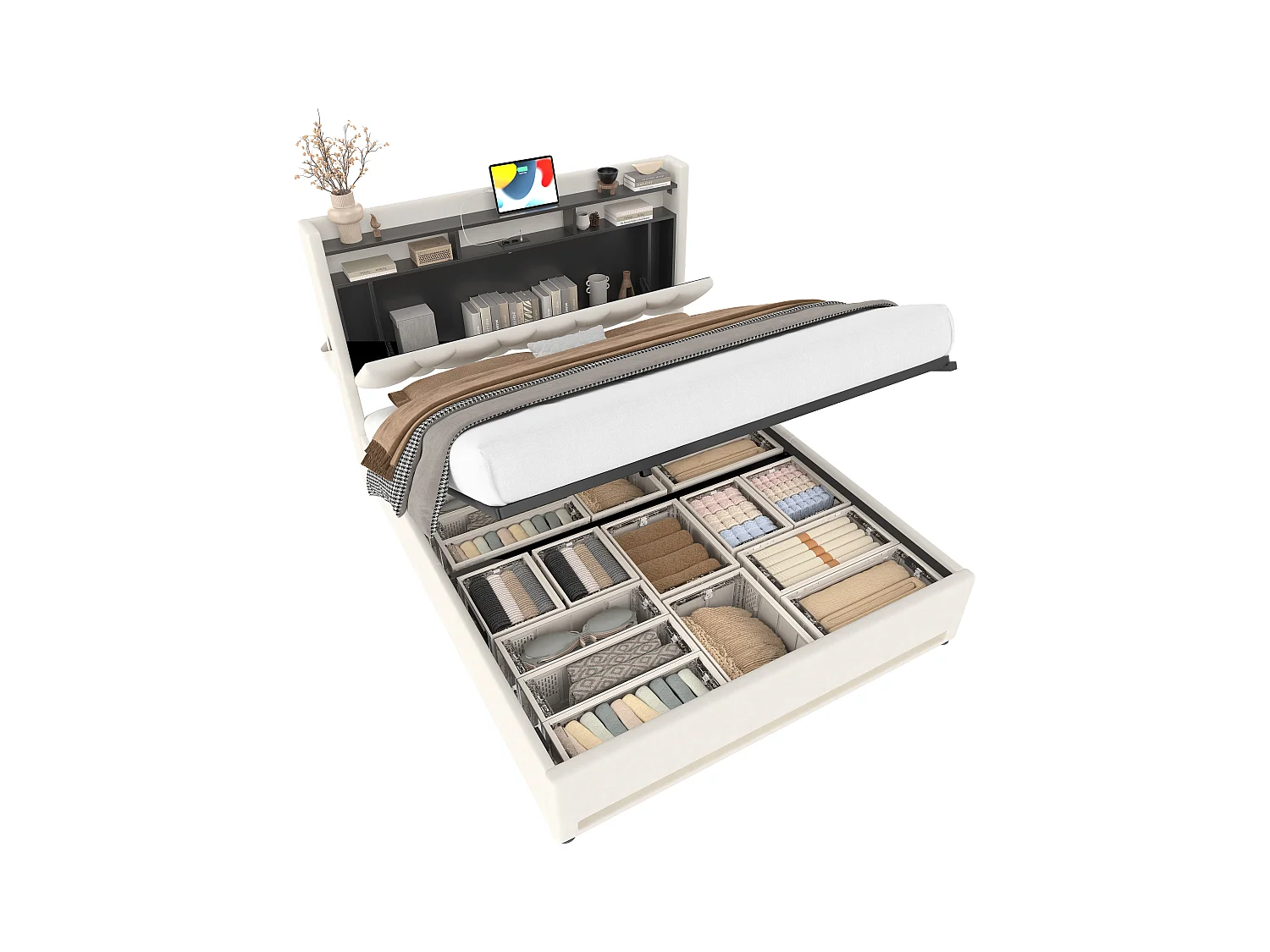 Cadre de lit rembourré 160x200cm (Beige) – Éclairage LED, chargeur USB Type-C, rangement sous-lit, tête de lit avec stockage, cadre hydraulique, sans matelas