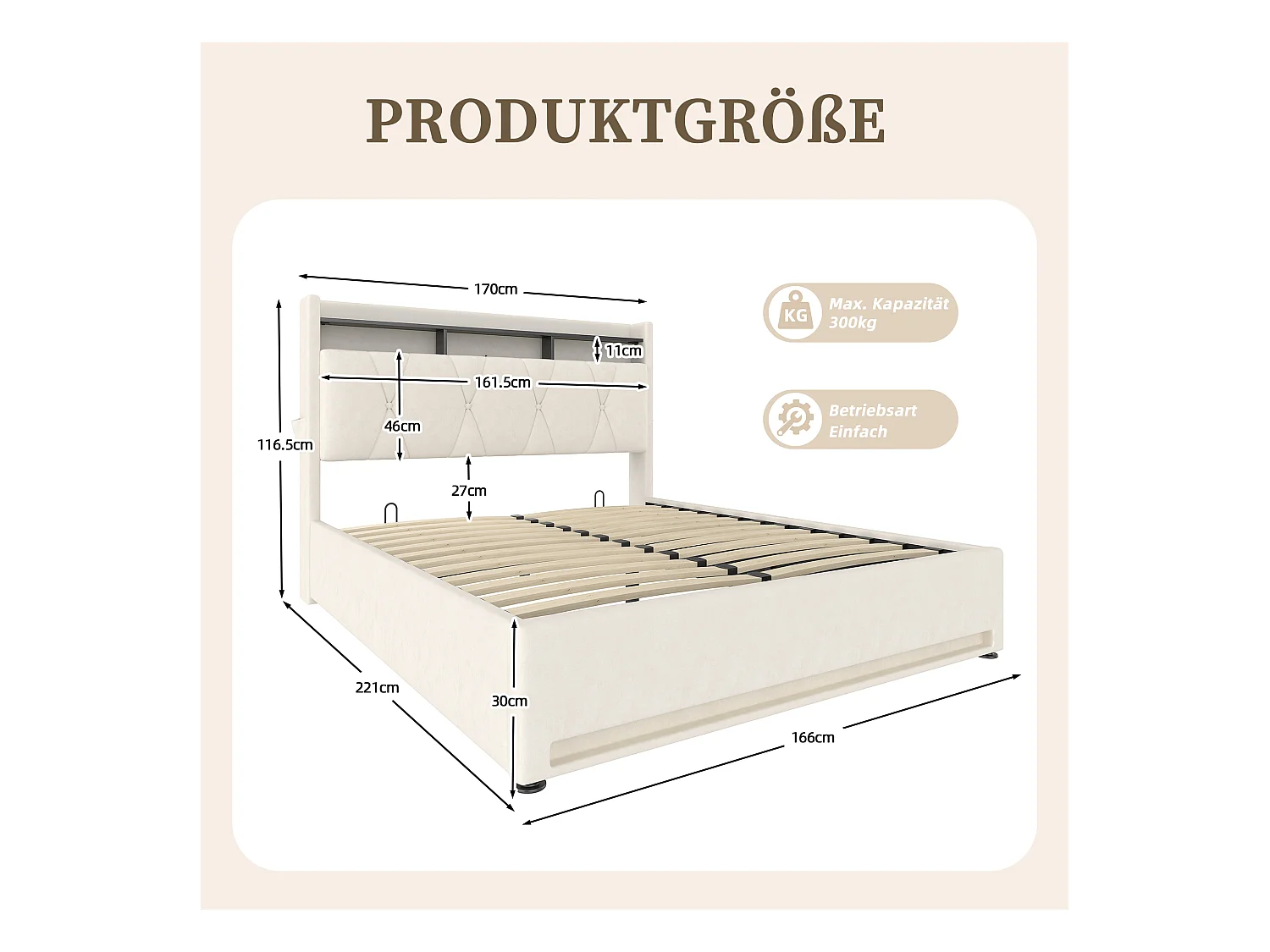 Cadre de lit rembourré 160x200cm (Beige) – Éclairage LED, chargeur USB Type-C, rangement sous-lit, tête de lit avec stockage, cadre hydraulique, sans matelas