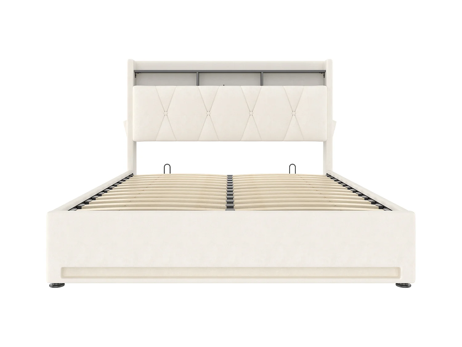 Cadre de lit rembourré 160x200cm (Beige) – Éclairage LED, chargeur USB Type-C, rangement sous-lit, tête de lit avec stockage, cadre hydraulique, sans matelas
