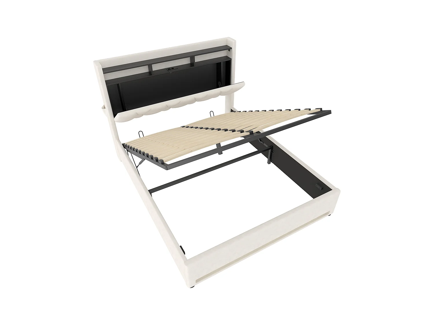 Cadre de lit rembourré 160x200cm (Beige) – Éclairage LED, chargeur USB Type-C, rangement sous-lit, tête de lit avec stockage, cadre hydraulique, sans matelas