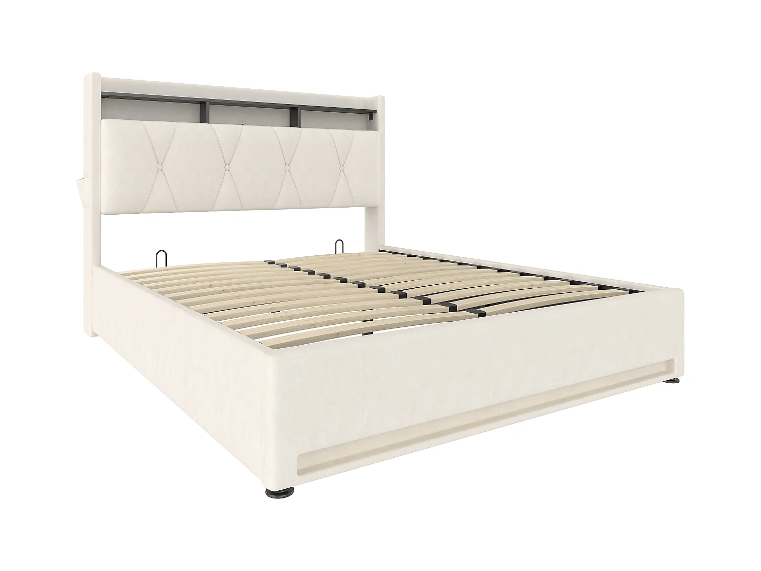 Cadre de lit rembourré 160x200cm (Beige) – Éclairage LED, chargeur USB Type-C, rangement sous-lit, tête de lit avec stockage, cadre hydraulique, sans matelas