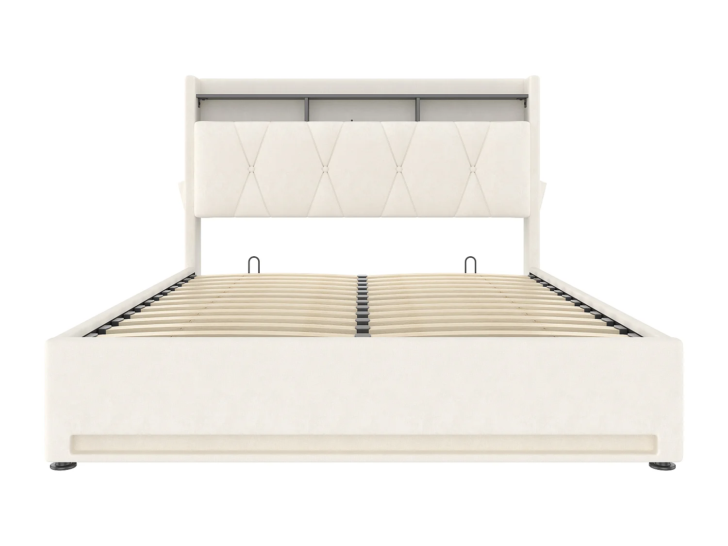 Cadre de lit rembourré 160x200cm (Beige) – Éclairage LED, chargeur USB Type-C, rangement sous-lit, tête de lit avec stockage, cadre hydraulique, sans matelas