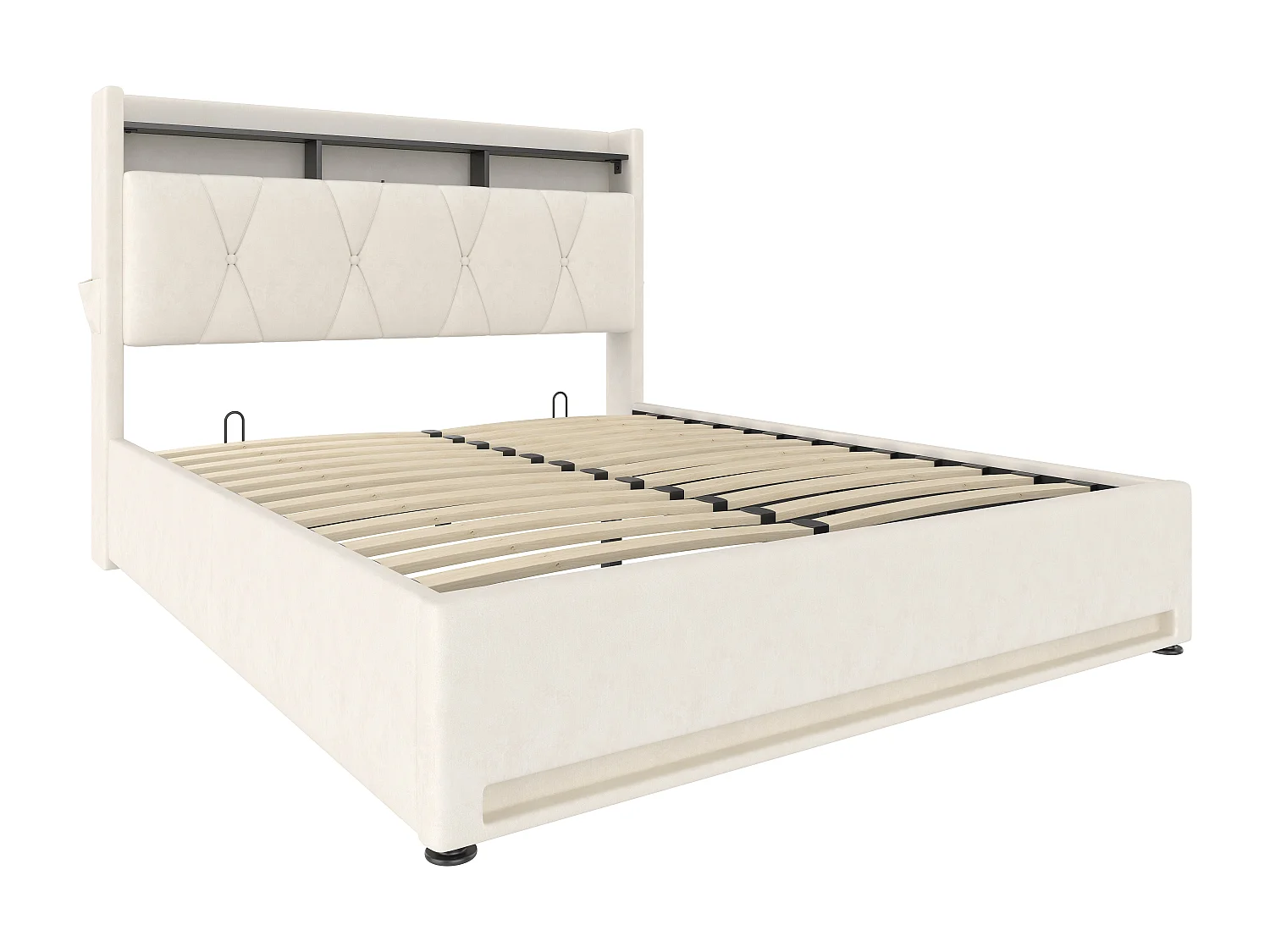 Cadre de lit rembourré 160x200cm (Beige) – Éclairage LED, chargeur USB Type-C, rangement sous-lit, tête de lit avec stockage, cadre hydraulique, sans matelas