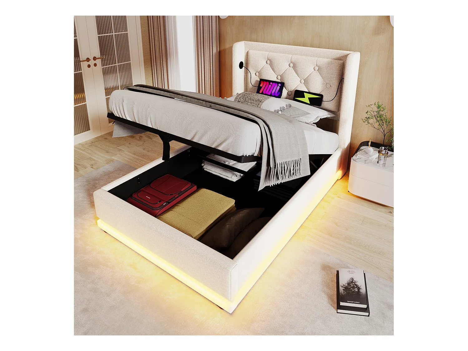 Lit simple 90x200 cm beige en coton avec fonction LED 3 côtés, tête de lit rembourrée, USB Type-C, lit de rangement hydraulique (sans matelas)