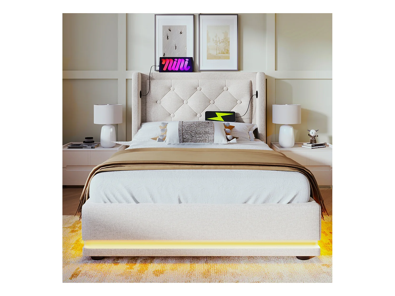 Lit simple 90x200 cm beige en coton avec fonction LED 3 côtés, tête de lit rembourrée, USB Type-C, lit de rangement hydraulique (sans matelas)