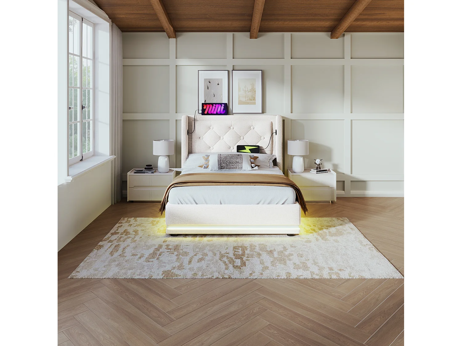 Lit simple 90x200 cm beige en coton avec fonction LED 3 côtés, tête de lit rembourrée, USB Type-C, lit de rangement hydraulique (sans matelas)