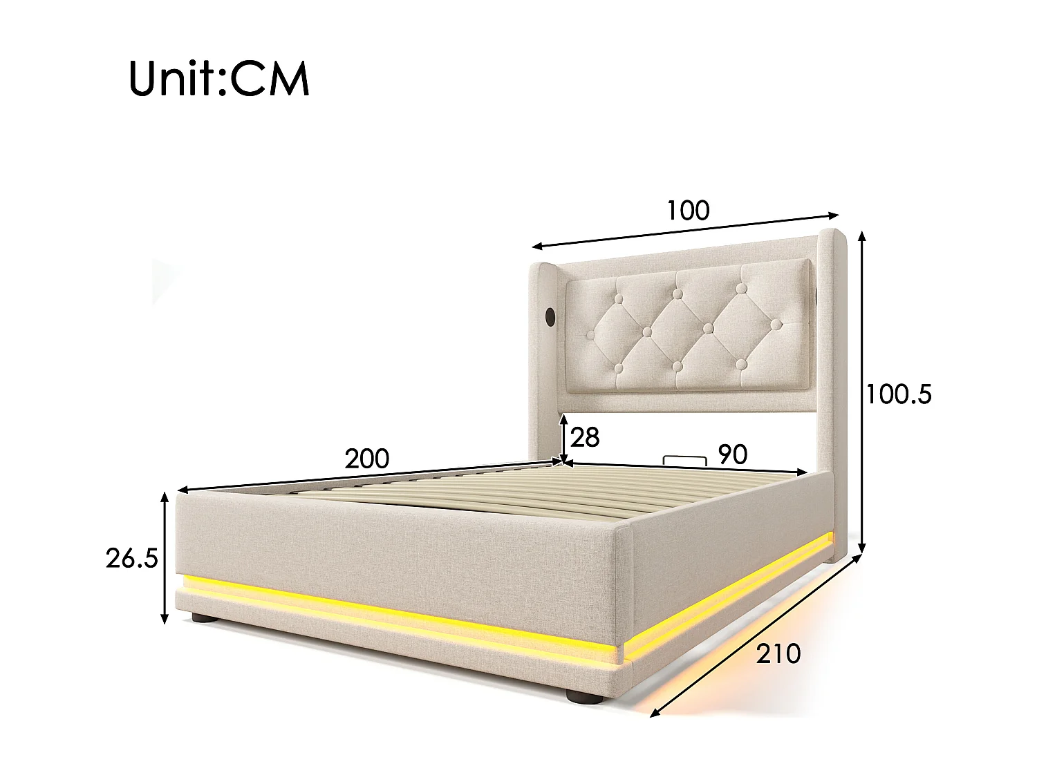 Lit simple 90x200 cm beige en coton avec fonction LED 3 côtés, tête de lit rembourrée, USB Type-C, lit de rangement hydraulique (sans matelas)