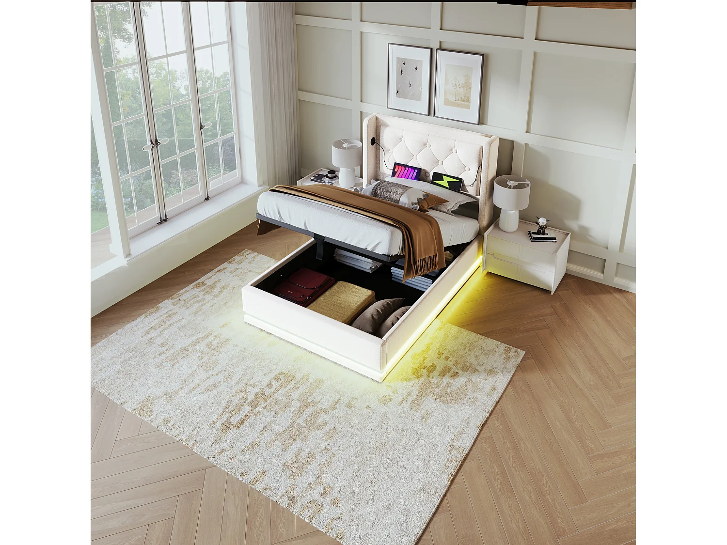 Lit simple 90x200 cm beige en coton avec fonction LED 3 côtés, tête de lit rembourrée, USB Type-C, lit de rangement hydraulique (sans matelas)