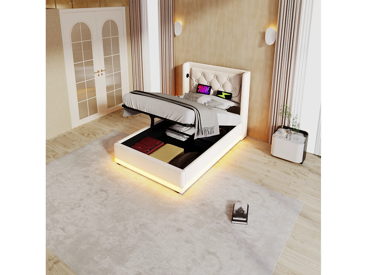 Lit simple 90x200 cm beige en coton avec fonction LED 3 côtés, tête de lit rembourrée, USB Type-C, lit de rangement hydraulique (sans matelas)