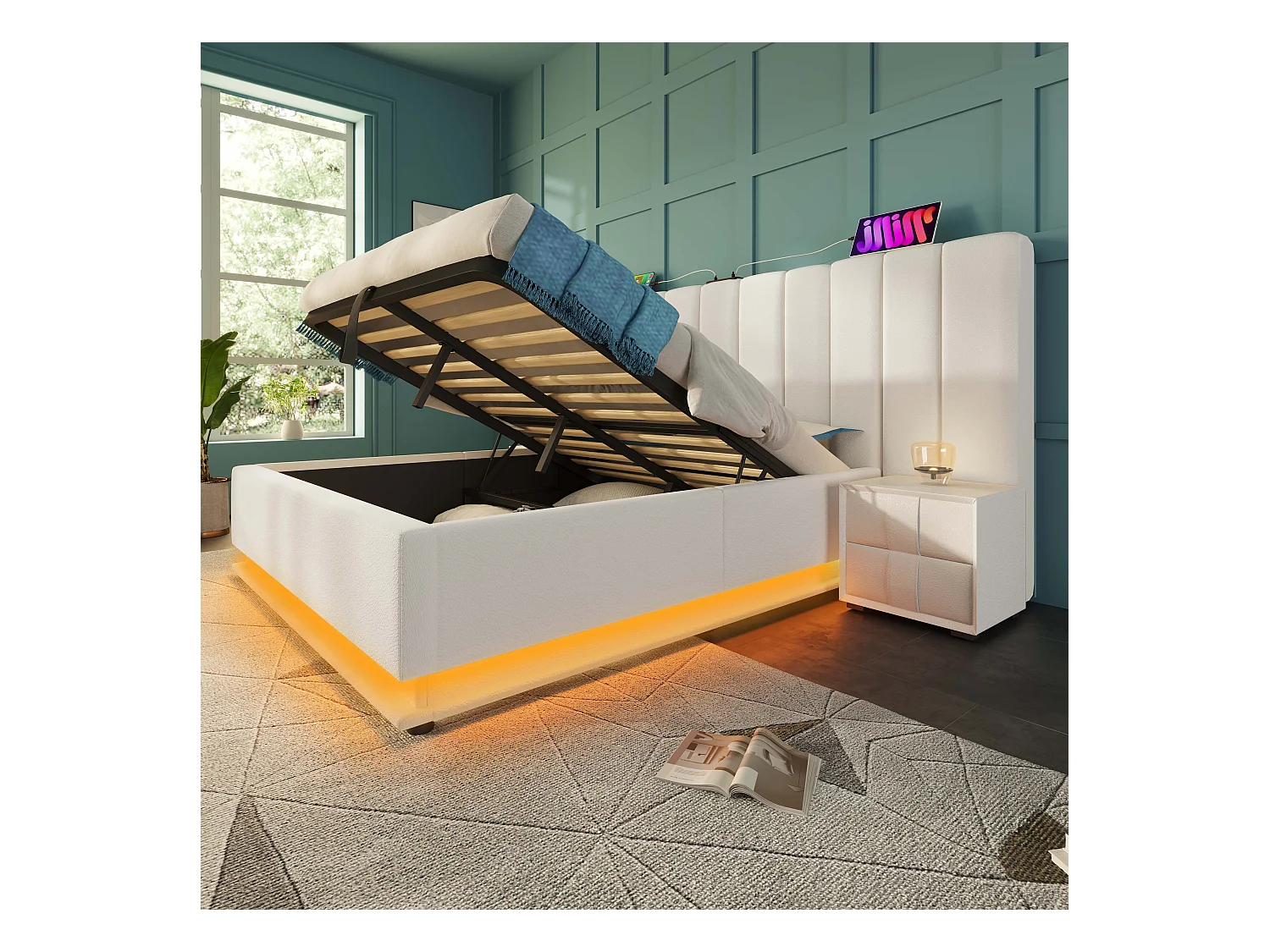 Lit Polster 180×200, Lit Double avec rangement, LED App Control et chargeur USB-C, Structure avec sommier à lattes, PU, Blanc, Sans matelas ni table de nuit.