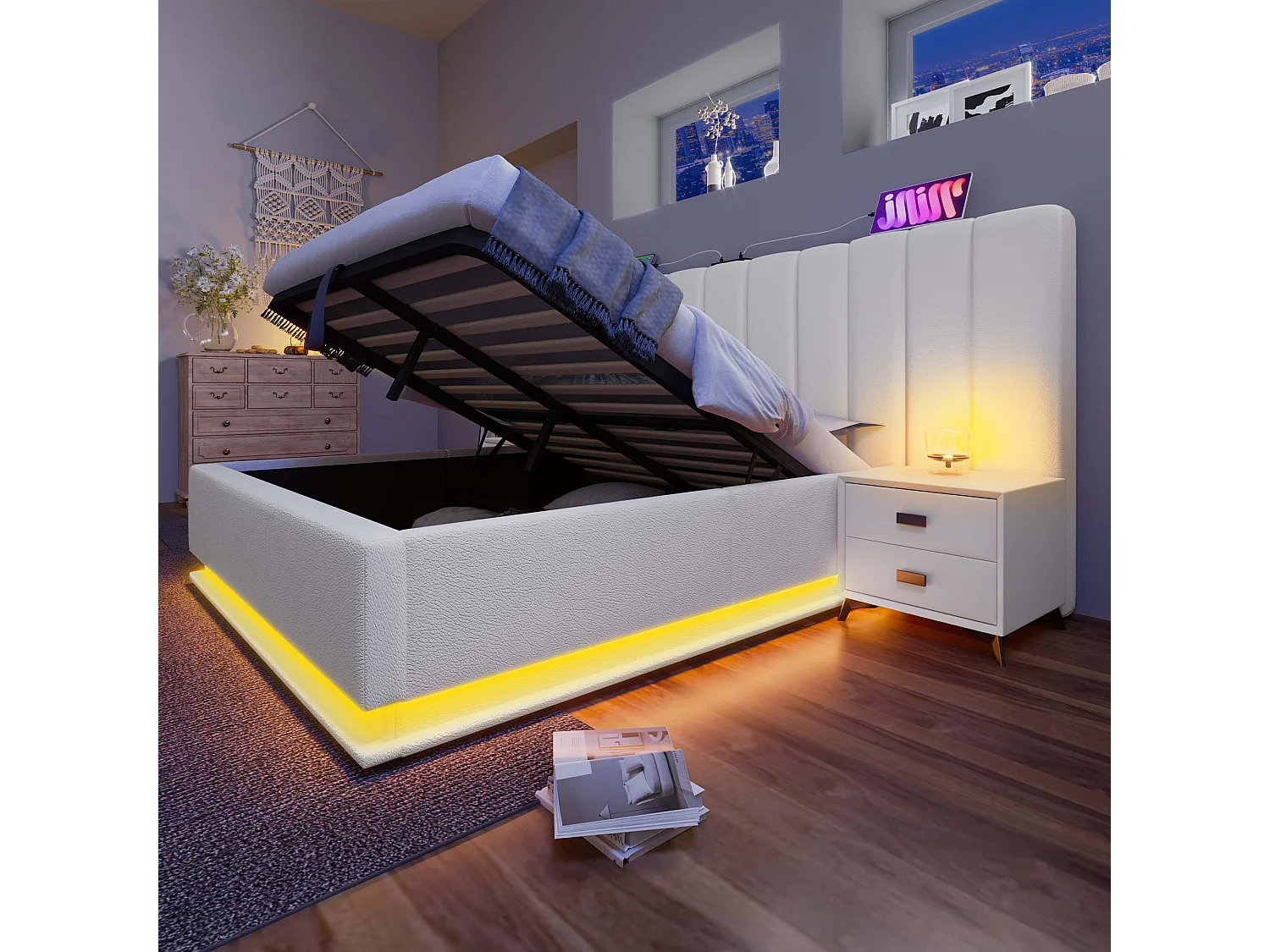 Lit Polster 180×200, Lit Double avec rangement, LED App Control et chargeur USB-C, Structure avec sommier à lattes, PU, Blanc, Sans matelas ni table de nuit.