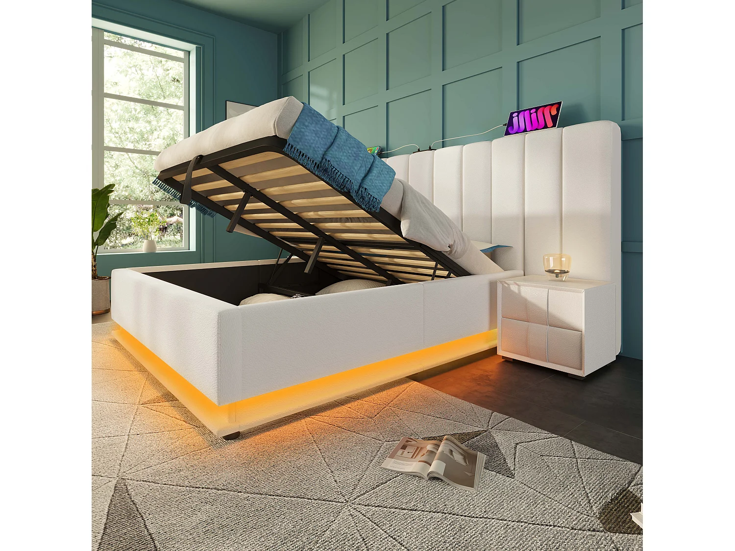 Lit Polster 180×200, Lit Double avec rangement, LED App Control et chargeur USB-C, Structure avec sommier à lattes, PU, Blanc, Sans matelas ni table de nuit.