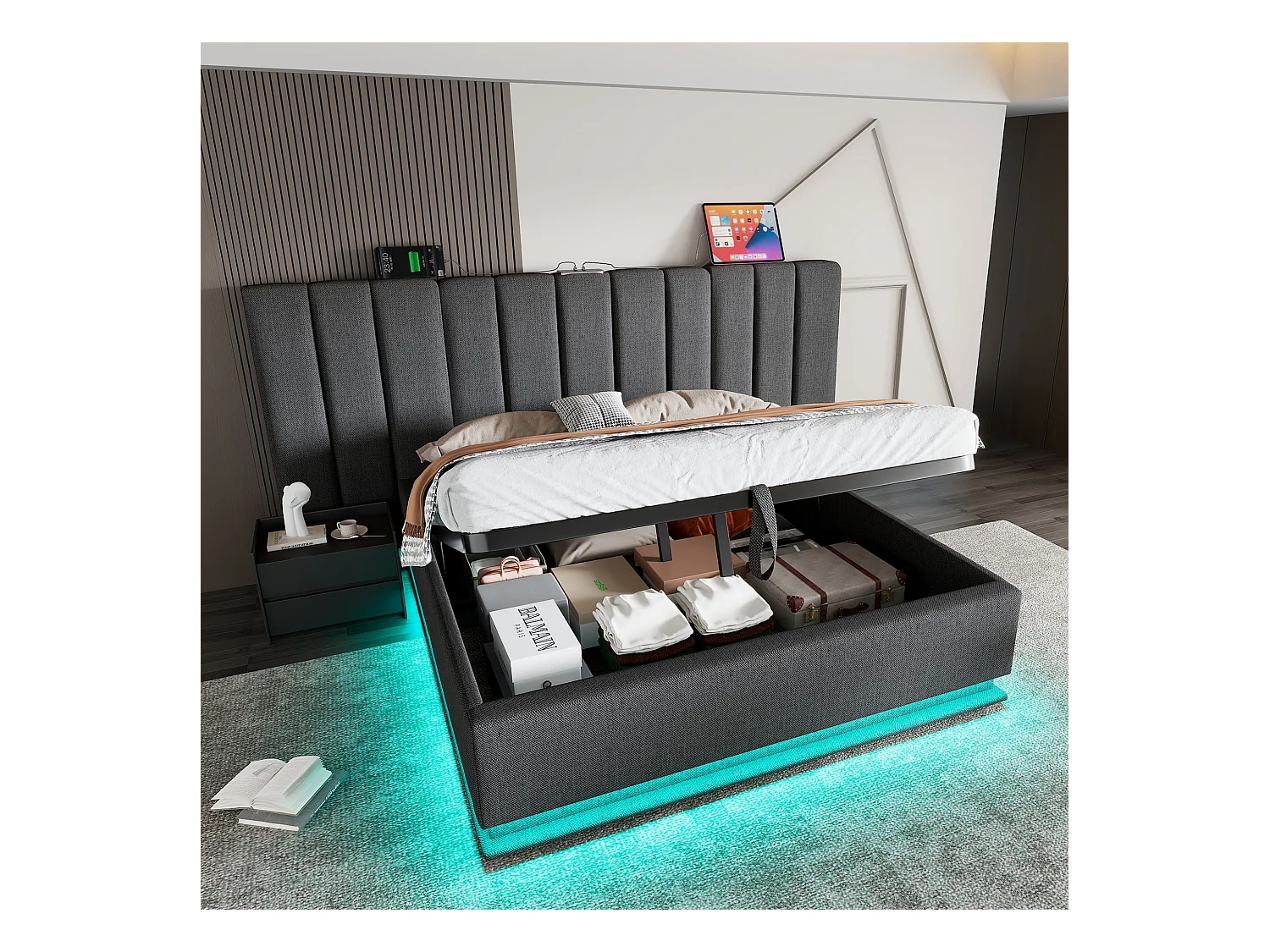 Lit Polster 180×200 avec LED contrôlées par App et USB-C, sommier à lattes, lin gris, sans matelas ni table de nuit – idéal intérieur moderne.