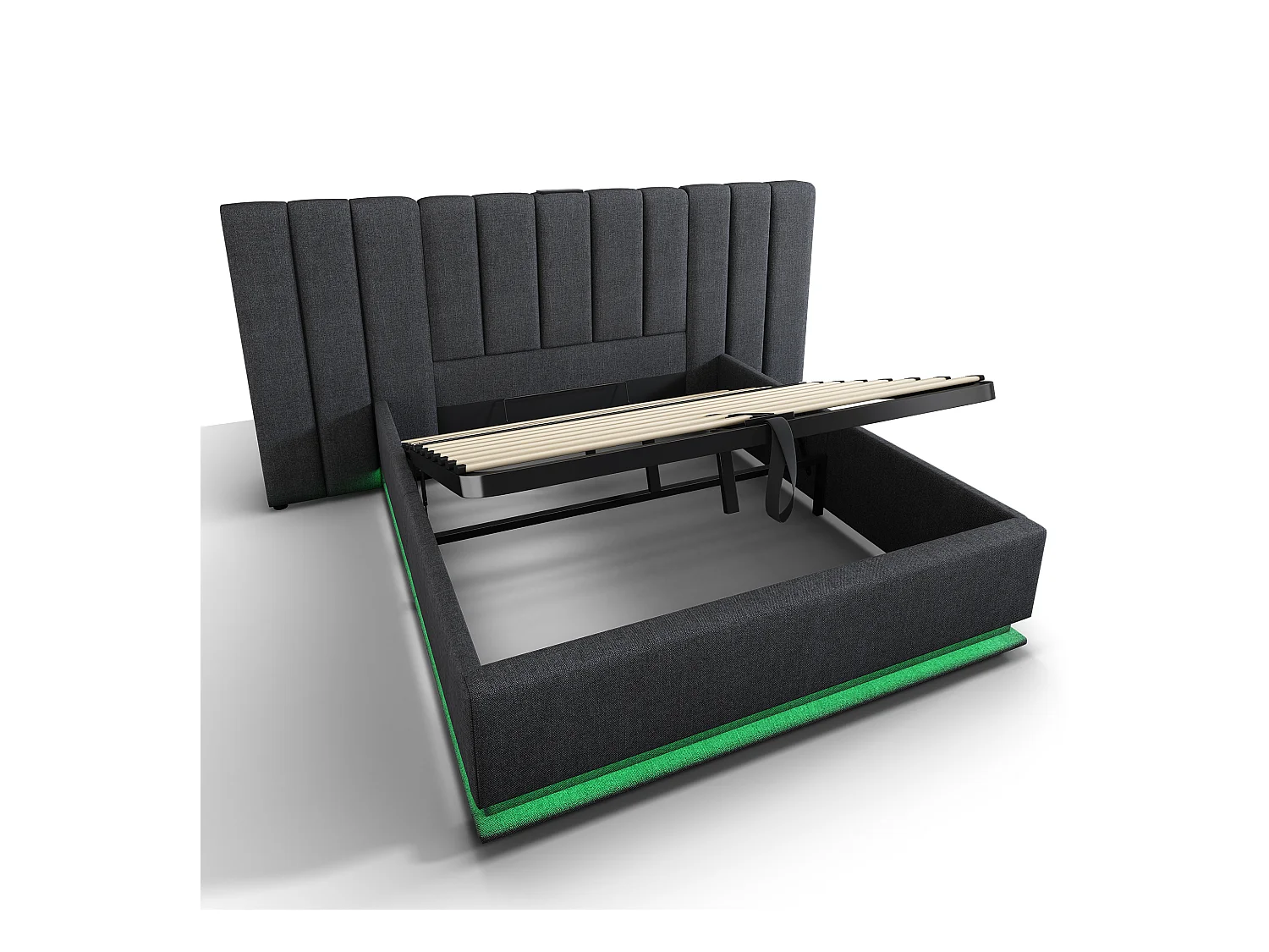 Lit Polster 180×200 avec LED contrôlées par App et USB-C, sommier à lattes, lin gris, sans matelas ni table de nuit – idéal intérieur moderne.