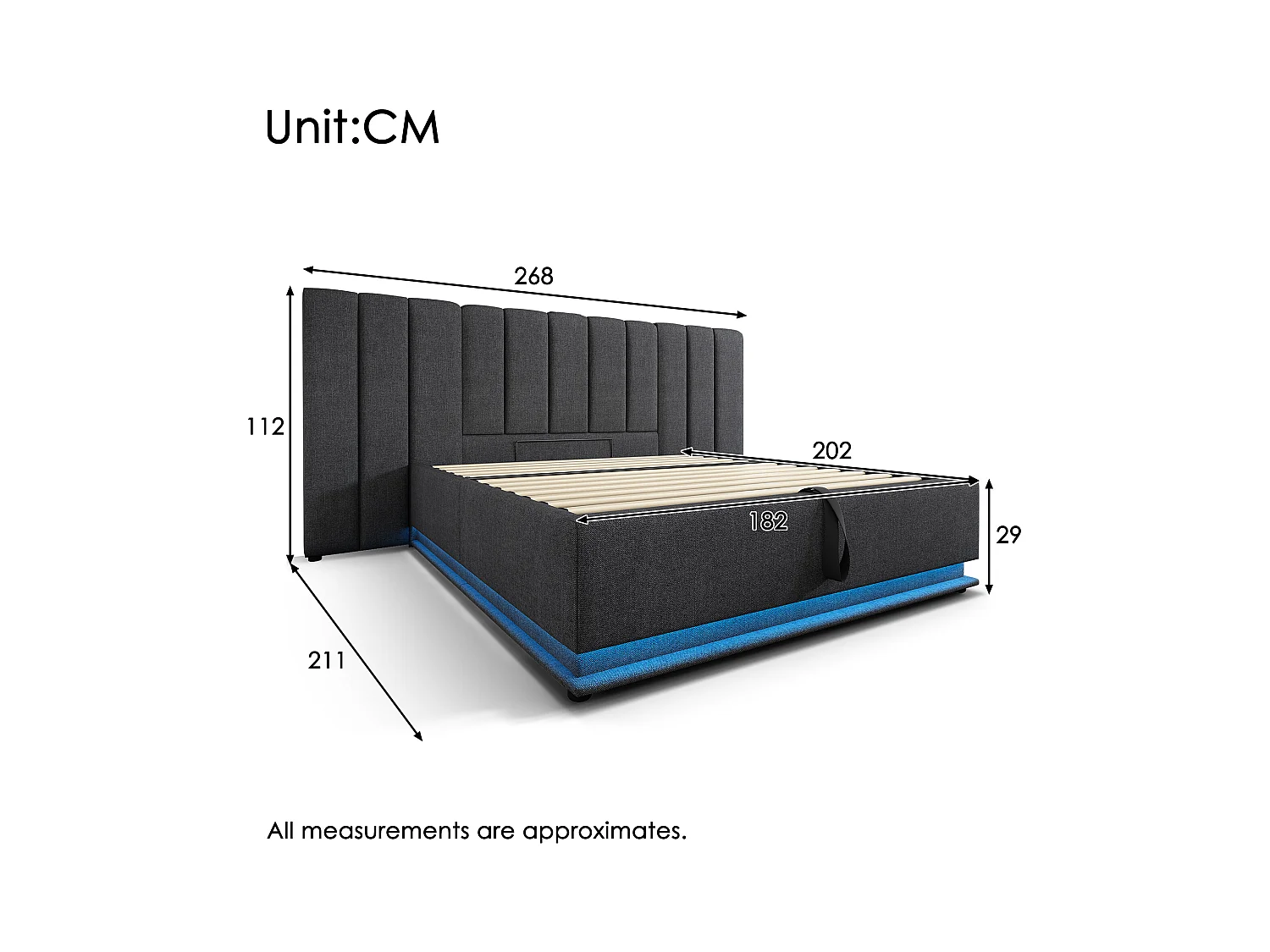 Lit Polster 180×200 avec LED contrôlées par App et USB-C, sommier à lattes, lin gris, sans matelas ni table de nuit – idéal intérieur moderne.
