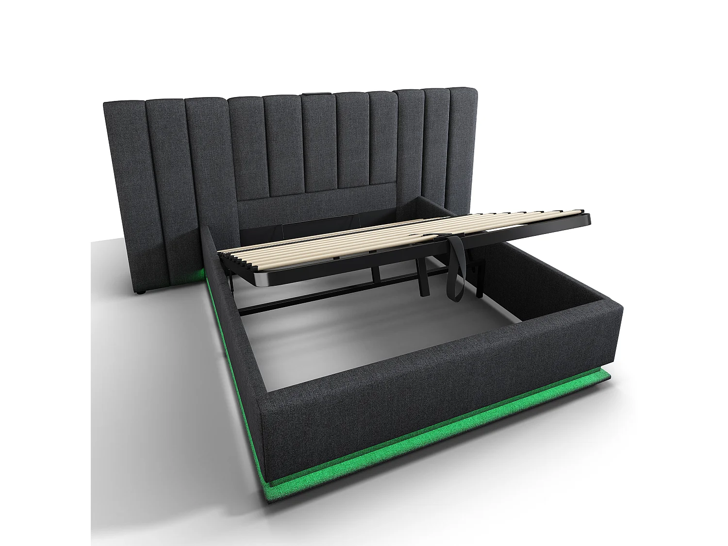 Lit Polster 180×200 avec LED contrôlées par App et USB-C, sommier à lattes, lin gris, sans matelas ni table de nuit – idéal intérieur moderne.