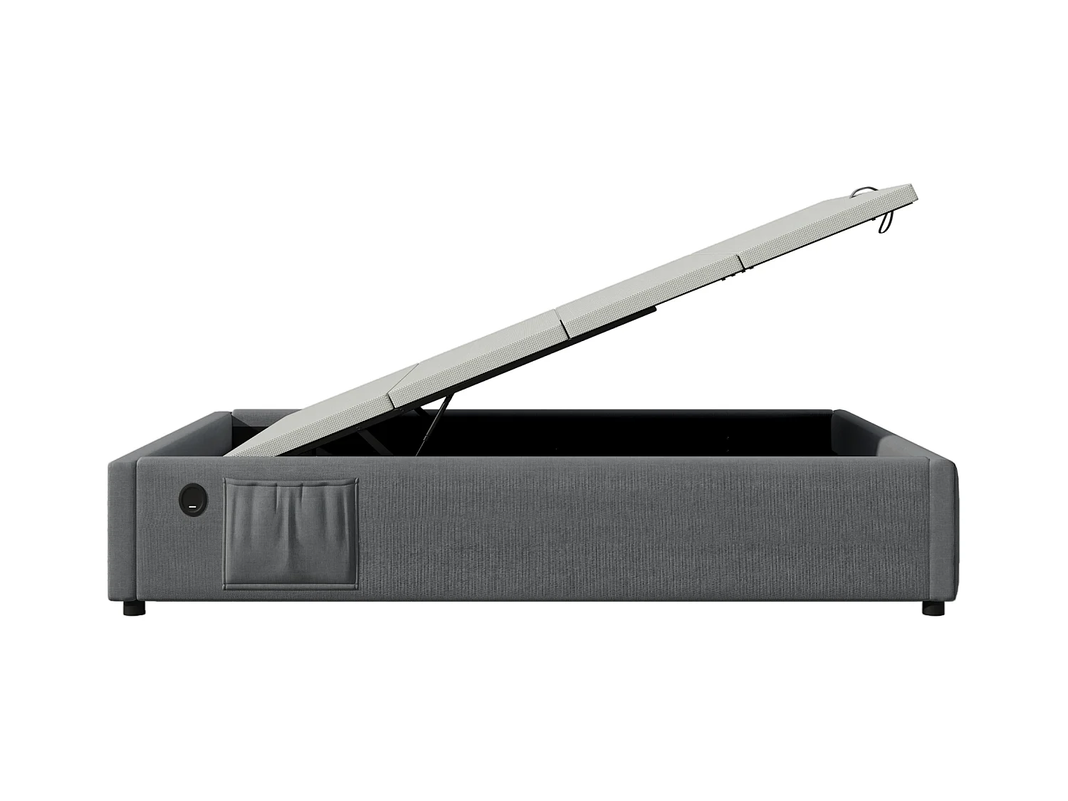 Lit tapissier simple 90×200cm : Lit à rangement (USB-C), lattes de support pleine surface, sans tête de lit, coton, gris