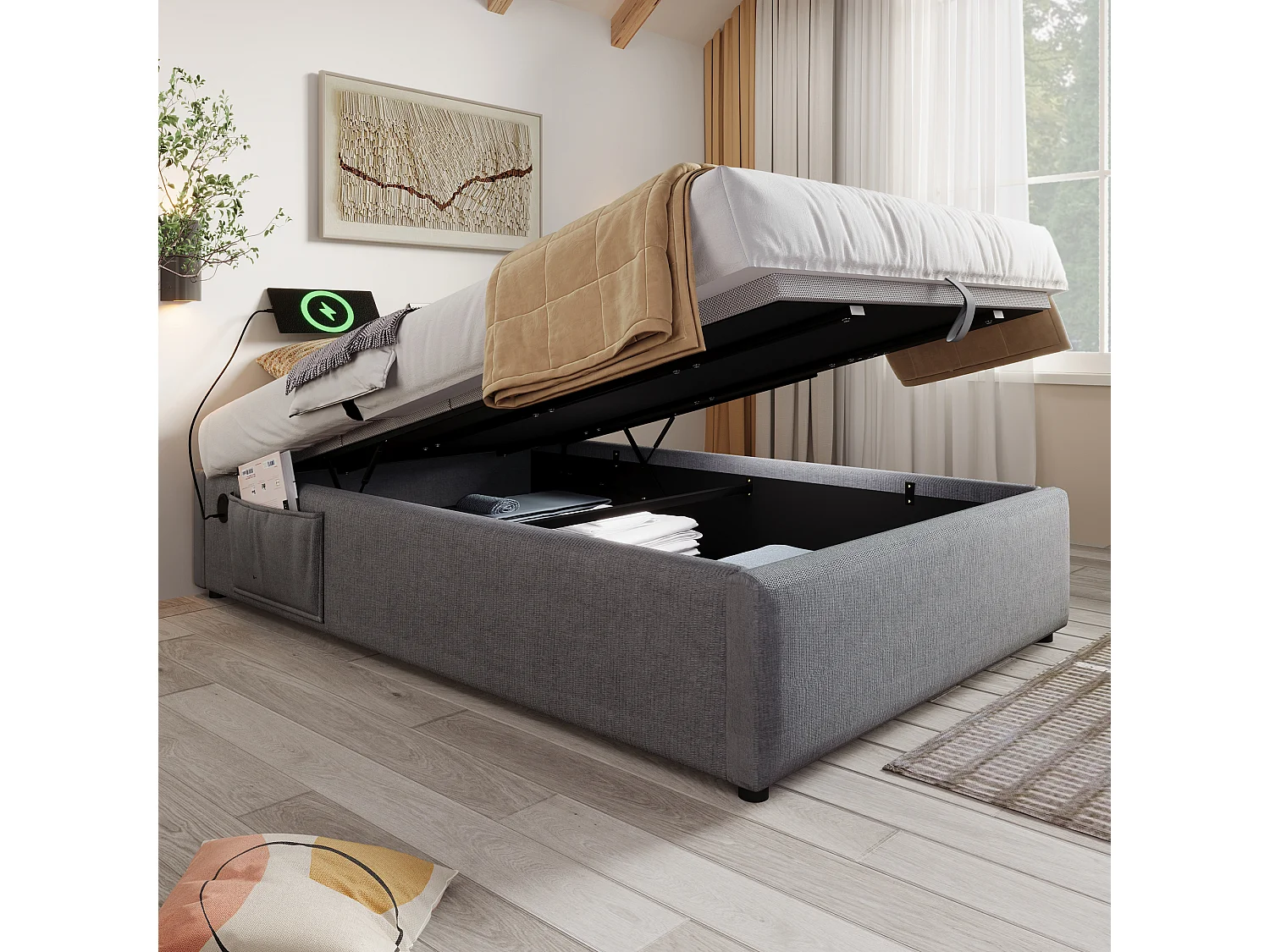 Lit tapissier simple 90×200cm : Lit à rangement (USB-C), lattes de support pleine surface, sans tête de lit, coton, gris