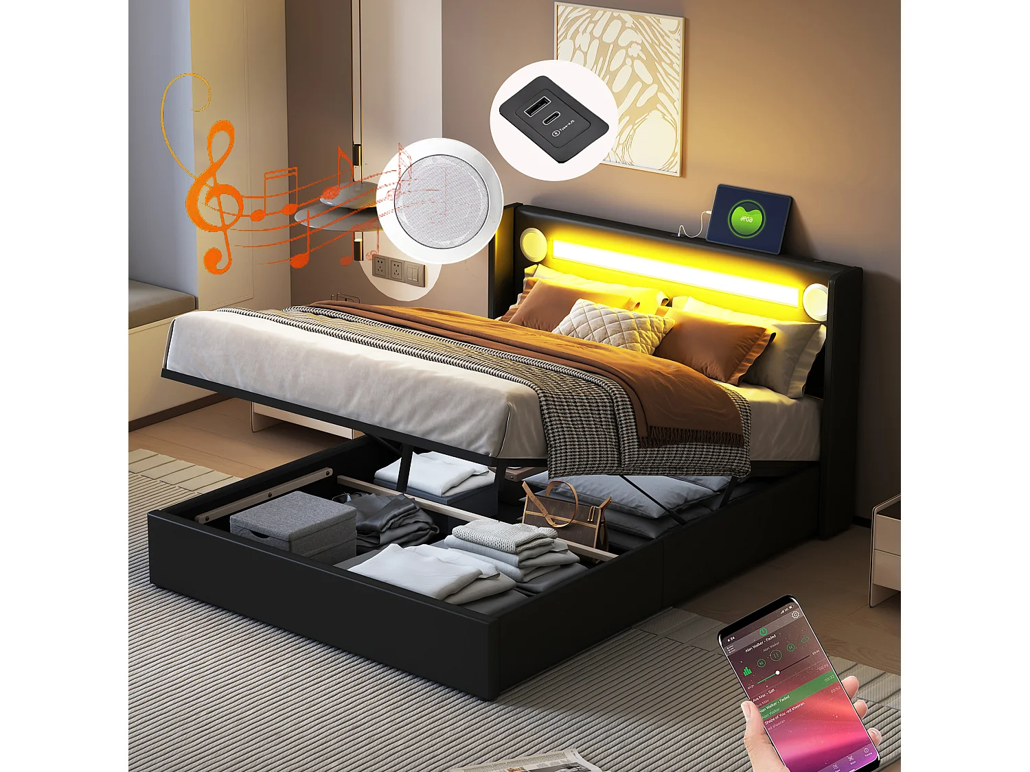 Lit 160 x 200 cm avec LED, Bluetooth et USB, en Cuir PU avec Rangement et Sommier, Noir