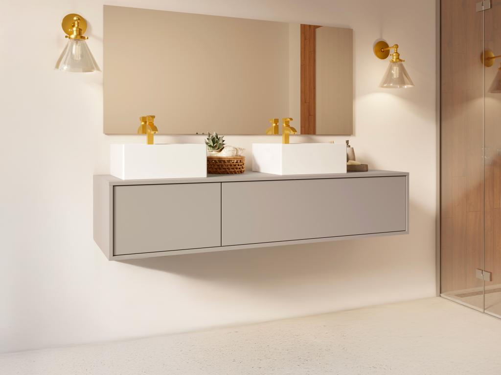 Meuble de salle de bain suspendu coloris beige avec double vasque carrée - L150 cm - ISAURE II