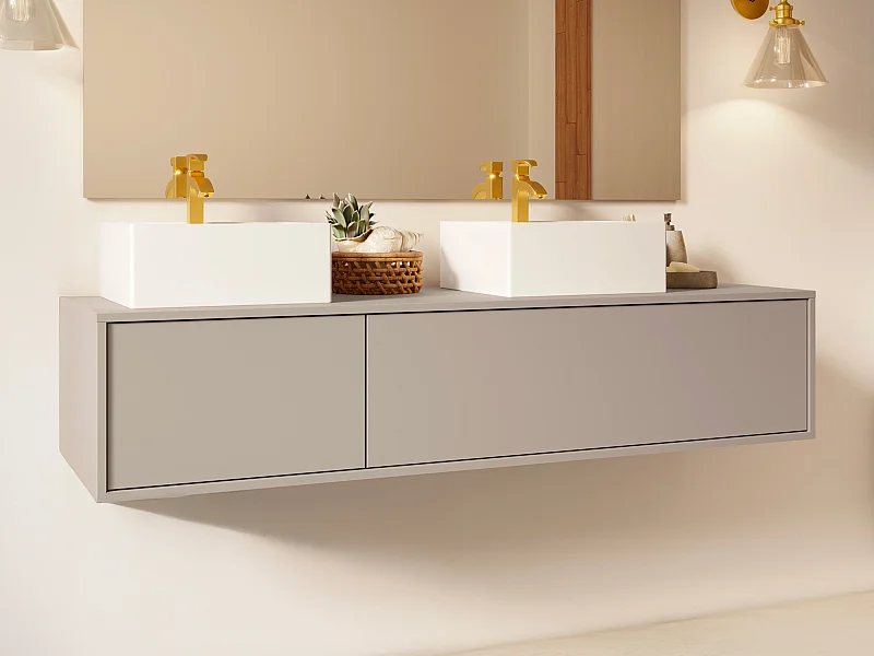 Upphängt badrumsskåp i beige färg med dubbelt fyrkantigt handfat - L150 cm - ISAURE II