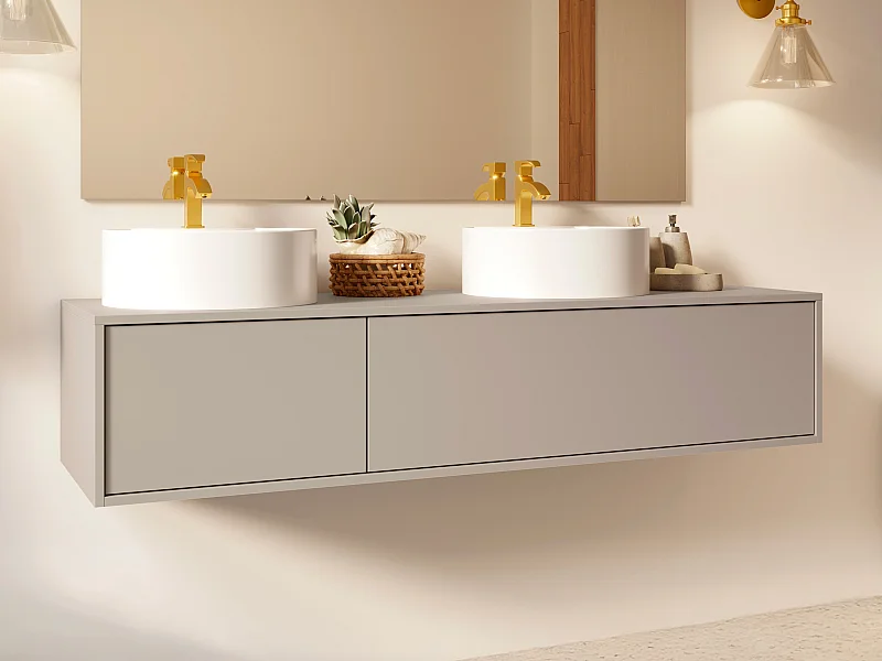 Mueble de baño flotante color beige con doble lavabo redondo - L150 cm - ISAURE II