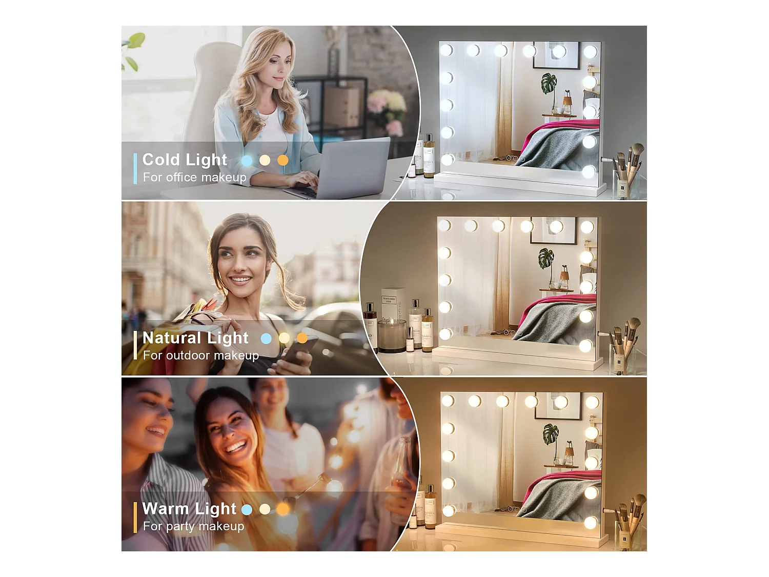 Miroir Maquillage Hollywood LED 14 Lumières, Contrôle Tactile, 3 Modes, Luminosité Réglable, 50x42cm, Blanc [Classe F]