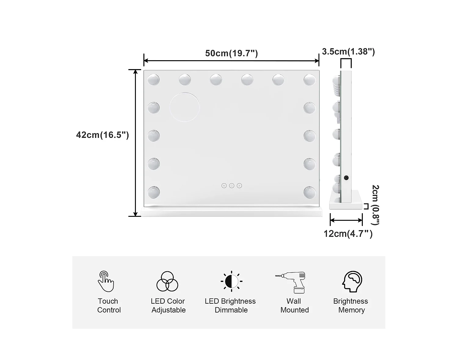 Miroir Maquillage Hollywood LED 14 Lumières, Contrôle Tactile, 3 Modes, Luminosité Réglable, 50x42cm, Blanc [Classe F]