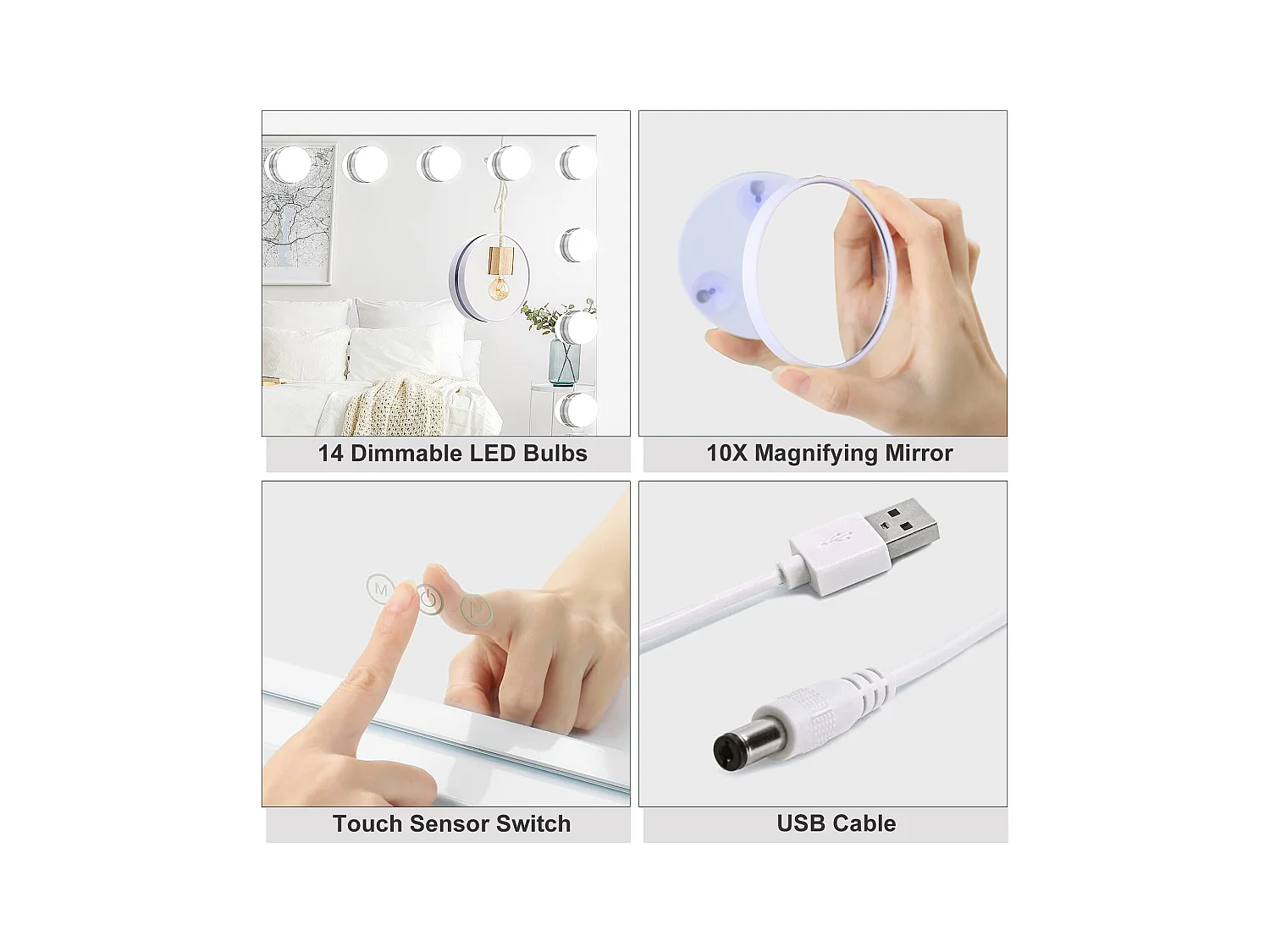 Miroir Maquillage Hollywood LED 14 Lumières, Contrôle Tactile, 3 Modes, Luminosité Réglable, 50x42cm, Blanc [Classe F]