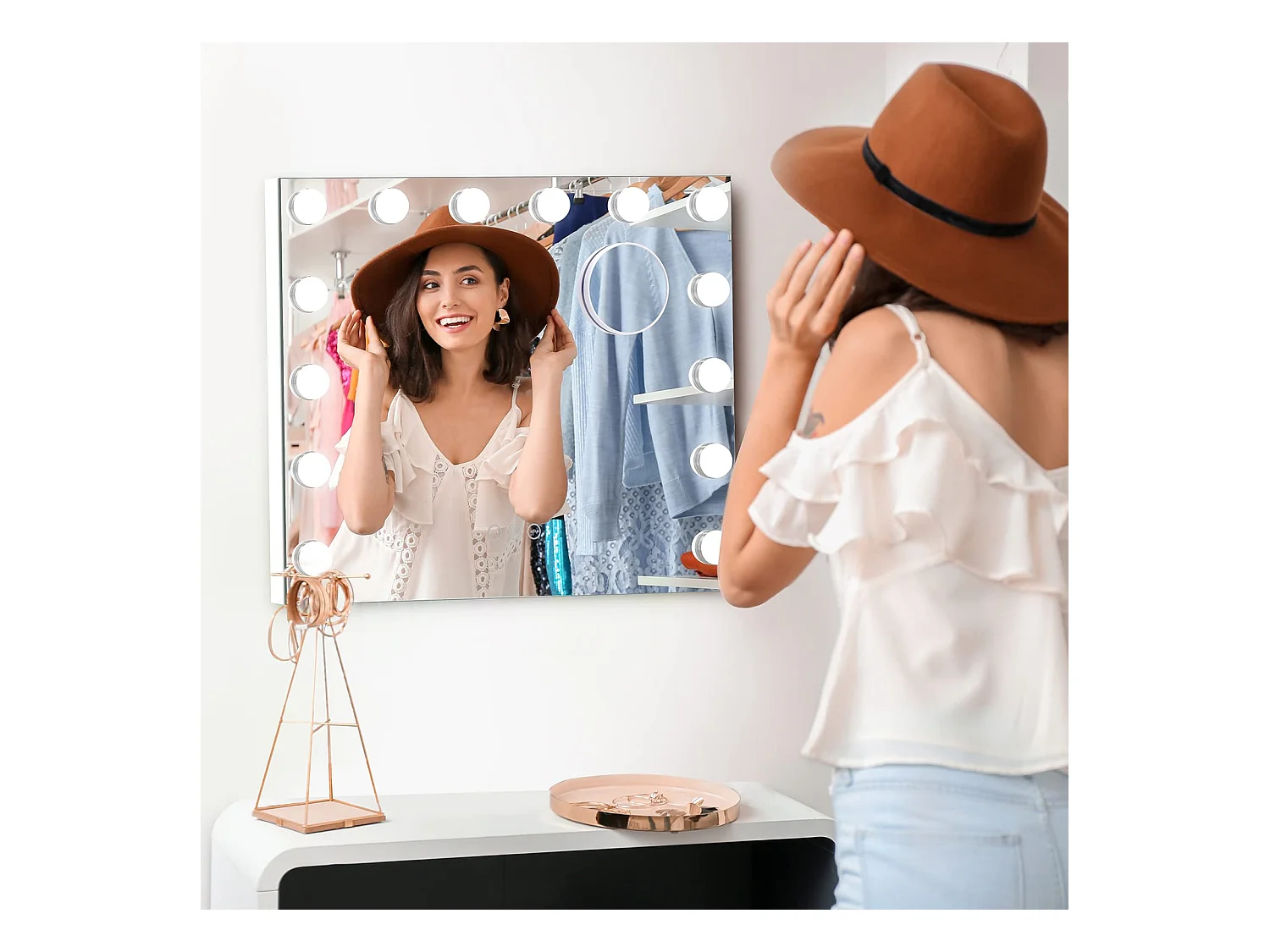 Miroir Maquillage Hollywood LED 14 Lumières, Contrôle Tactile, 3 Modes, Luminosité Réglable, 50x42cm, Blanc [Classe F]