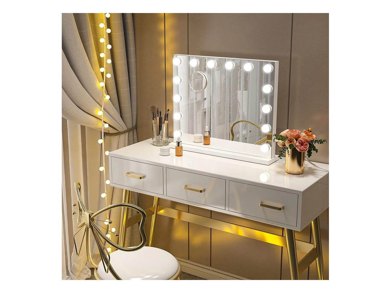Miroir Maquillage Hollywood LED 14 Lumières, Contrôle Tactile, 3 Modes, Luminosité Réglable, 50x42cm, Blanc [Classe F]