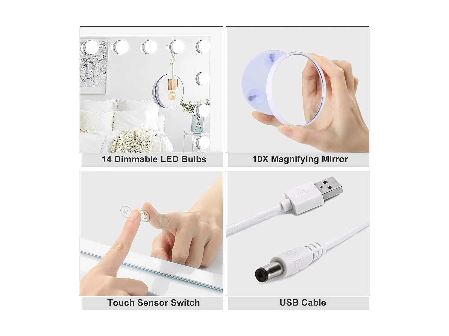 Miroir Maquillage Hollywood LED 14 Lumières, Contrôle Tactile, 3 Modes, Luminosité Réglable, 50x42cm, Blanc [Classe F]