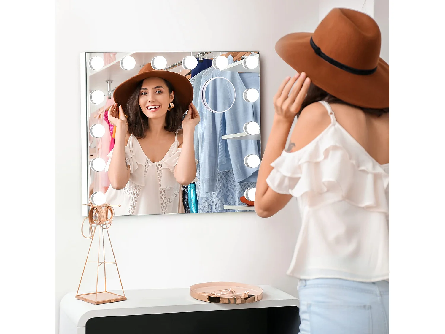 Miroir Maquillage Hollywood LED 14 Lumières, Contrôle Tactile, 3 Modes, Luminosité Réglable, 50x42cm, Blanc [Classe F]