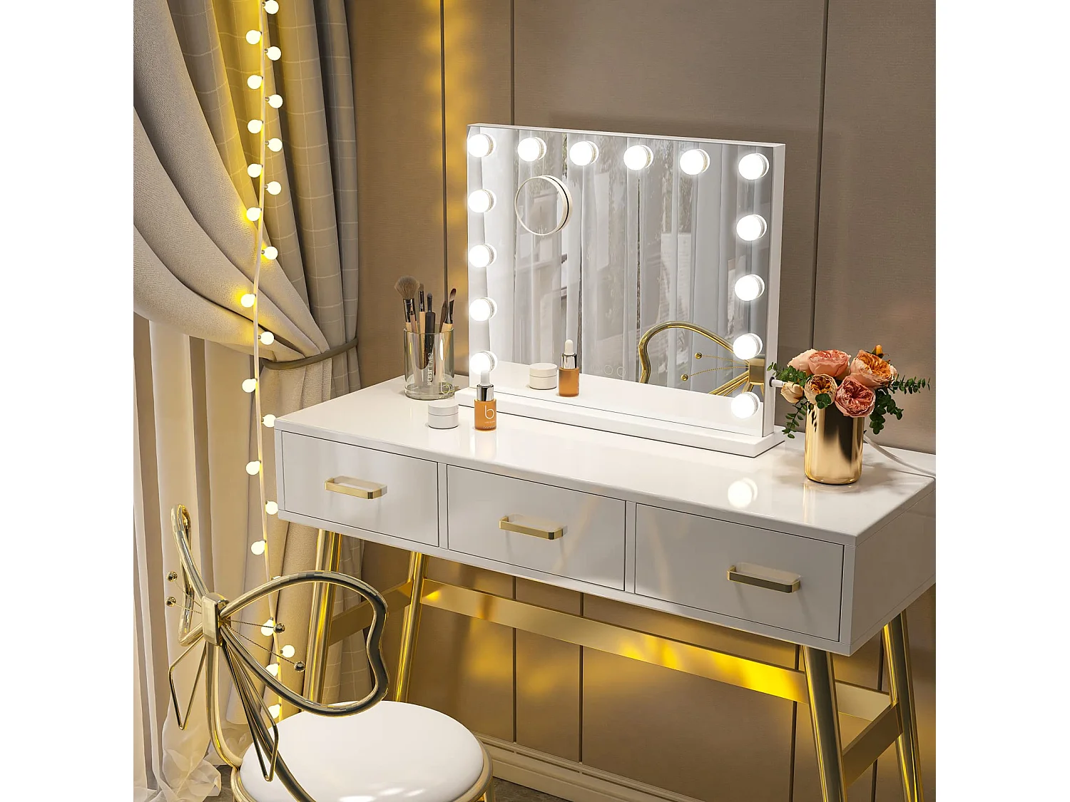 Miroir Maquillage Hollywood LED 14 Lumières, Contrôle Tactile, 3 Modes, Luminosité Réglable, 50x42cm, Blanc [Classe F]