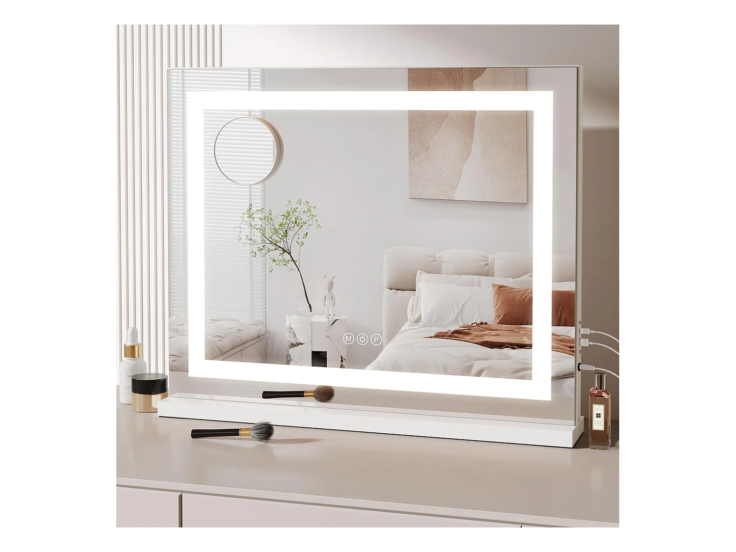 Miroir Maquillage LED 58x48cm, Hollywood, 3 Modes, Luminosité Réglable, Contrôle Tactile, Table ou Mur, Blanc