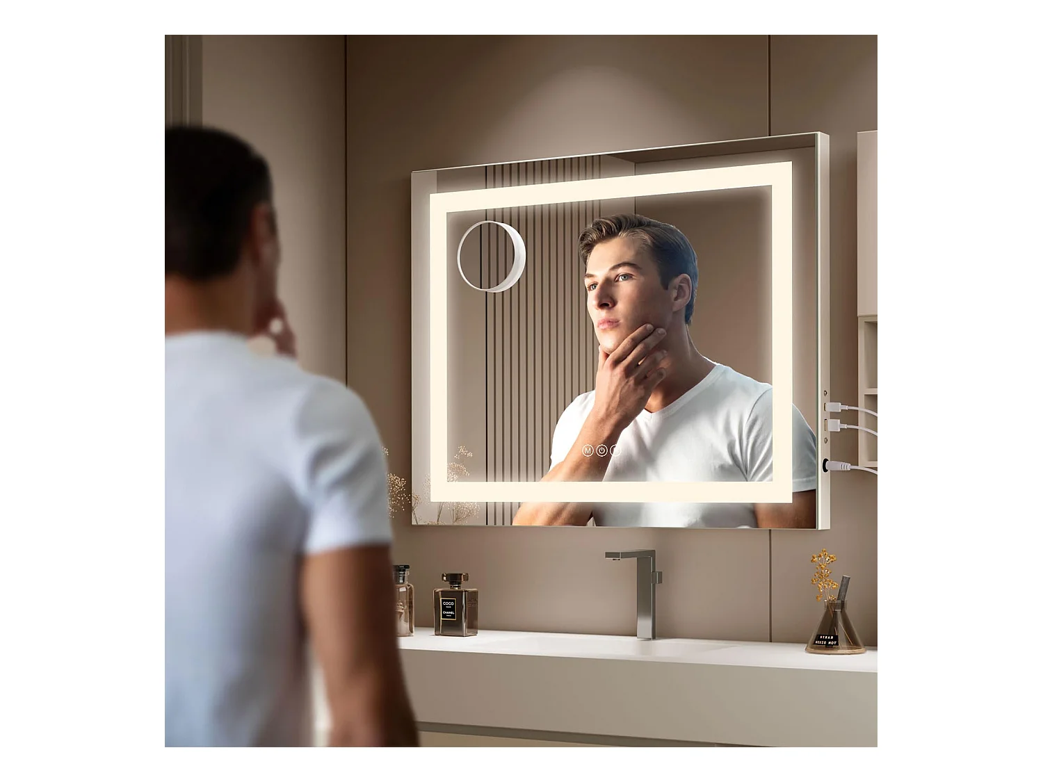 Miroir Maquillage LED 58x48cm, Hollywood, 3 Modes, Luminosité Réglable, Contrôle Tactile, Table ou Mur, Blanc