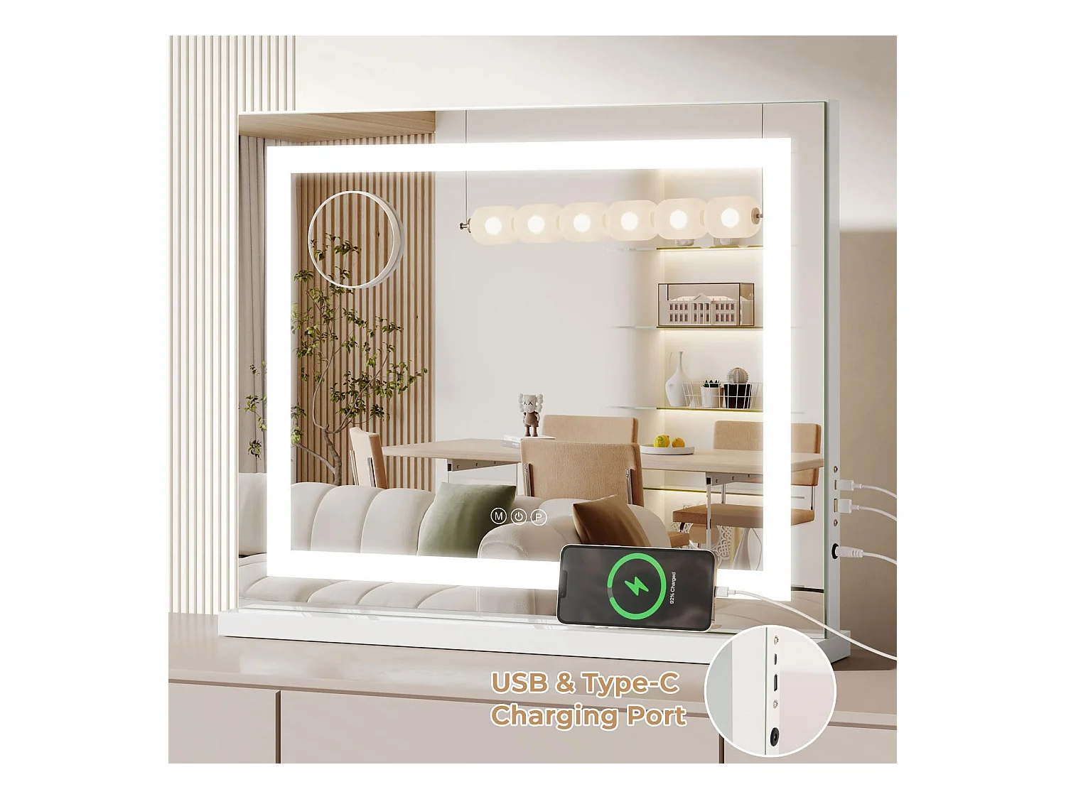 Miroir Maquillage LED 58x48cm, Hollywood, 3 Modes, Luminosité Réglable, Contrôle Tactile, Table ou Mur, Blanc