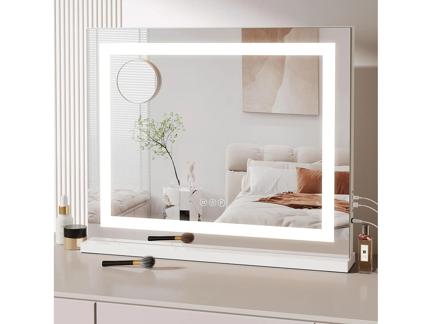 Miroir Maquillage LED 58x48cm, Hollywood, 3 Modes, Luminosité Réglable, Contrôle Tactile, Table ou Mur, Blanc